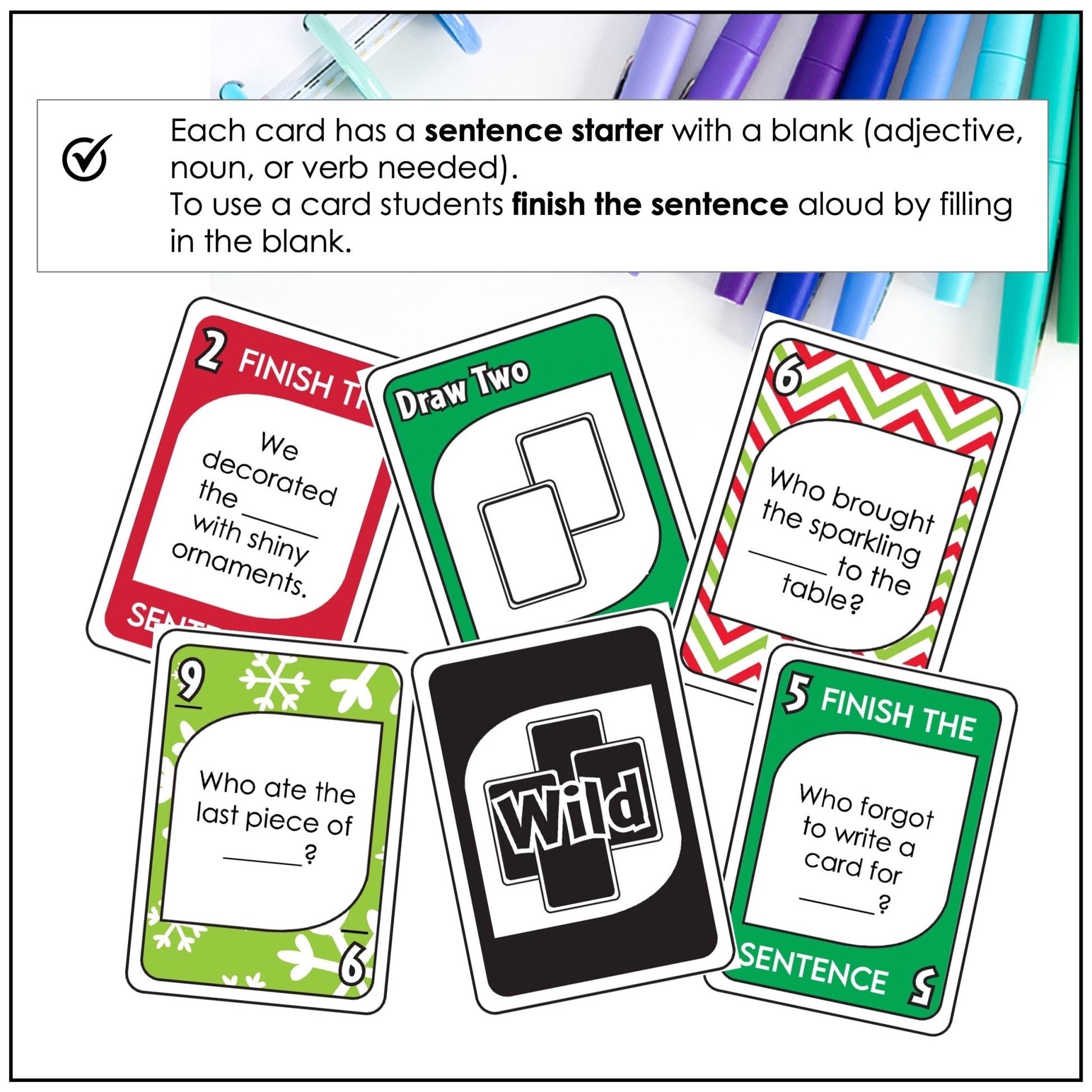 Christmas Card Game – Finish the Sentence with Adjectives, Nouns & Verbs - Hot Chocolate Teachables