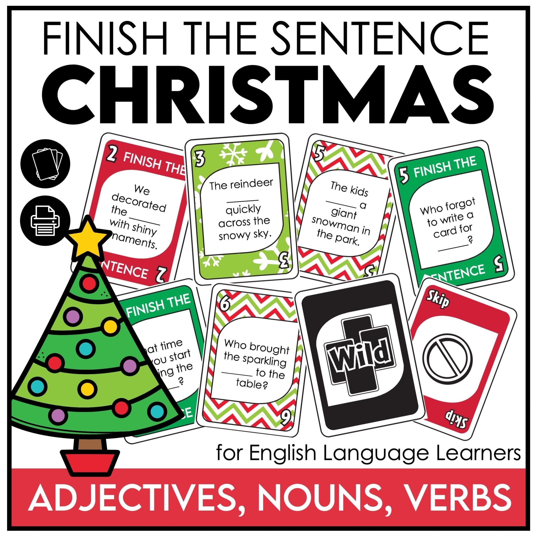 Christmas Card Game – Finish the Sentence with Adjectives, Nouns & Verbs - Hot Chocolate Teachables