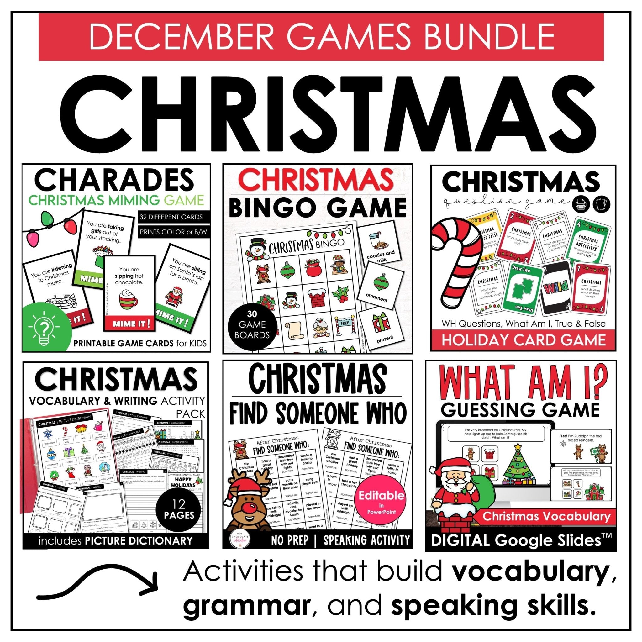 Christmas Games for ELL & ESL | Holiday Grammar & Vocabulary Games Bundle - Hot Chocolate Teachables