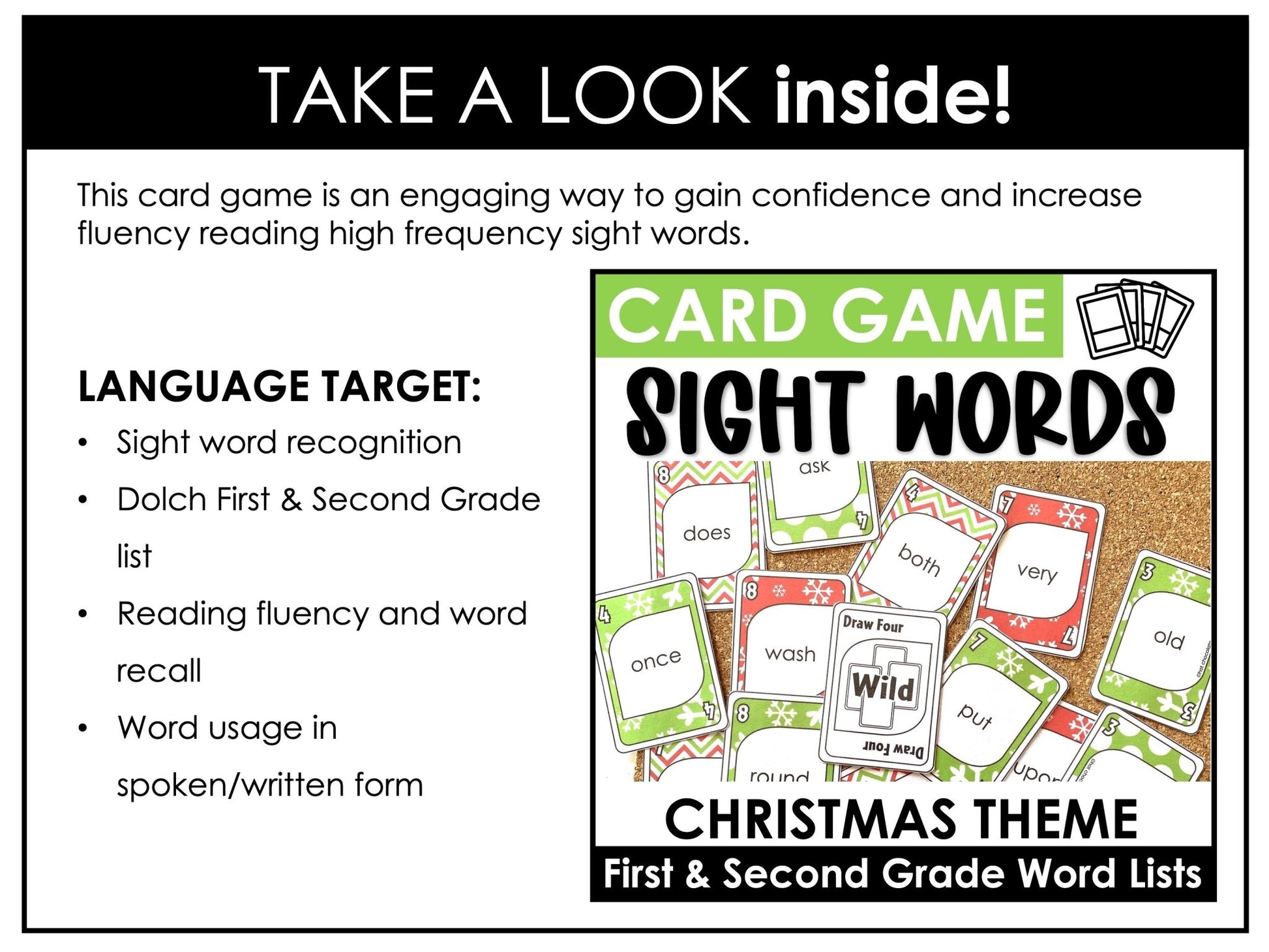 Christmas Sight Word Card Game for 1st & 2nd Grade Lists - Plays like UNO - Hot Chocolate Teachables