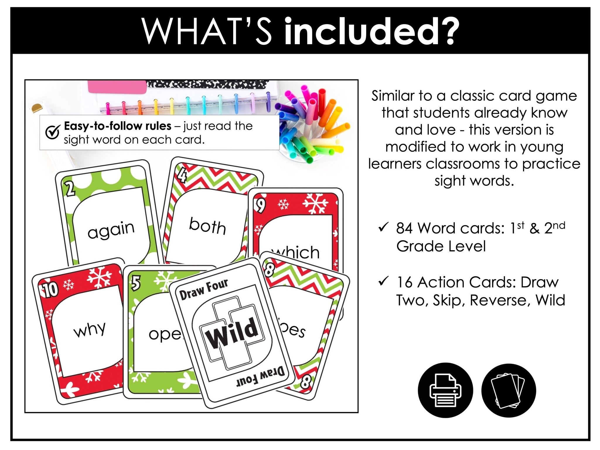 Christmas Sight Word Card Game for 1st & 2nd Grade Lists - Plays like UNO - Hot Chocolate Teachables