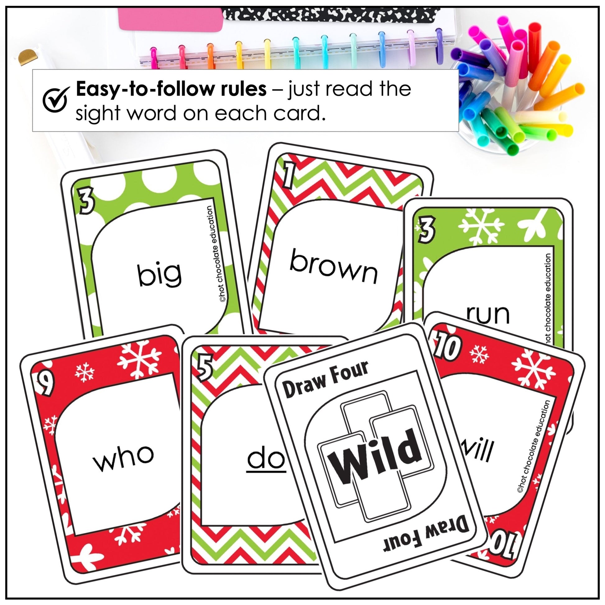 Christmas Sight Word Card Game for Pre - Primer and Primer Lists - Plays like UNO - Hot Chocolate Teachables