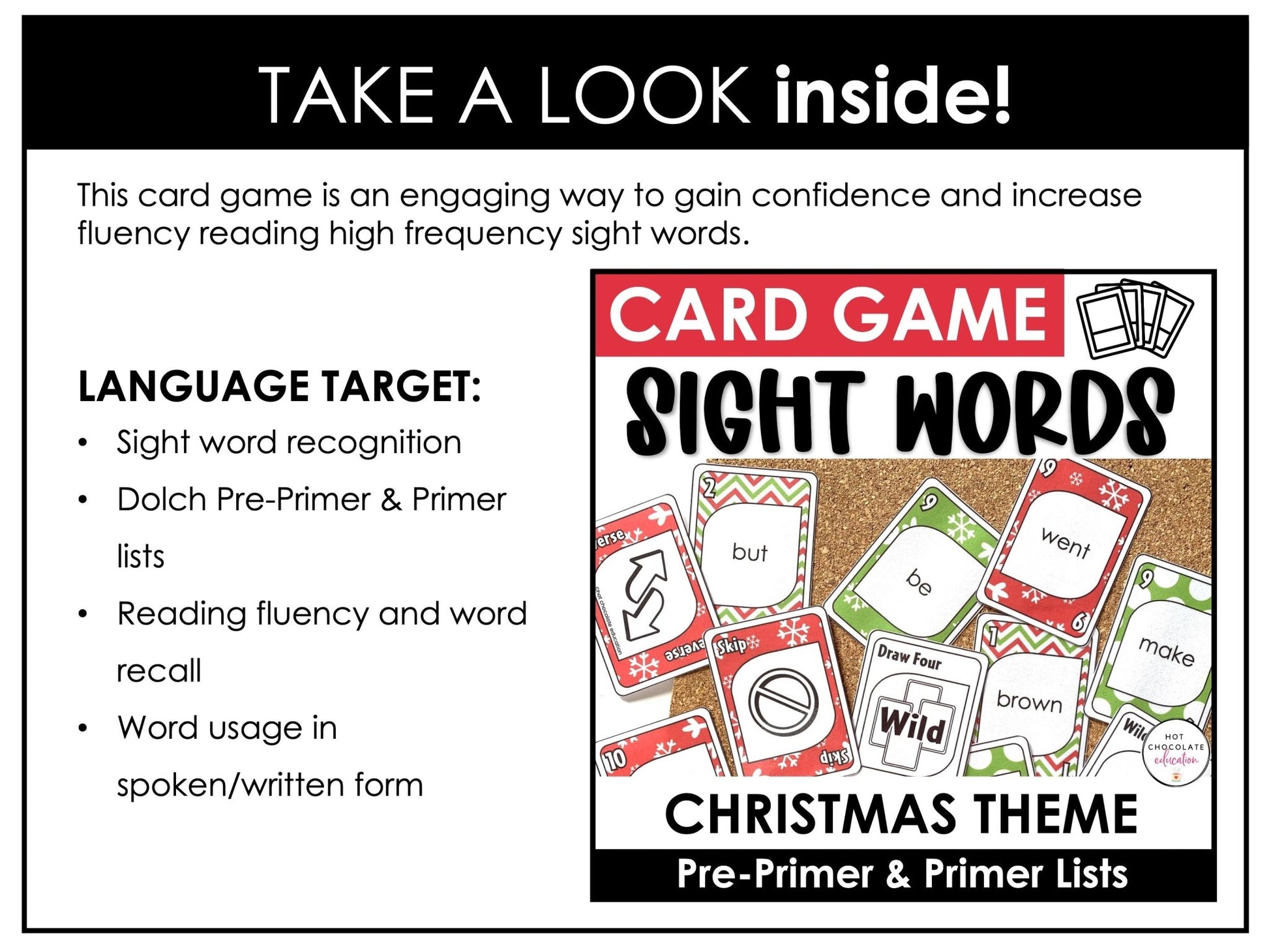 Christmas Sight Word Card Game for Pre - Primer and Primer Lists - Plays like UNO - Hot Chocolate Teachables