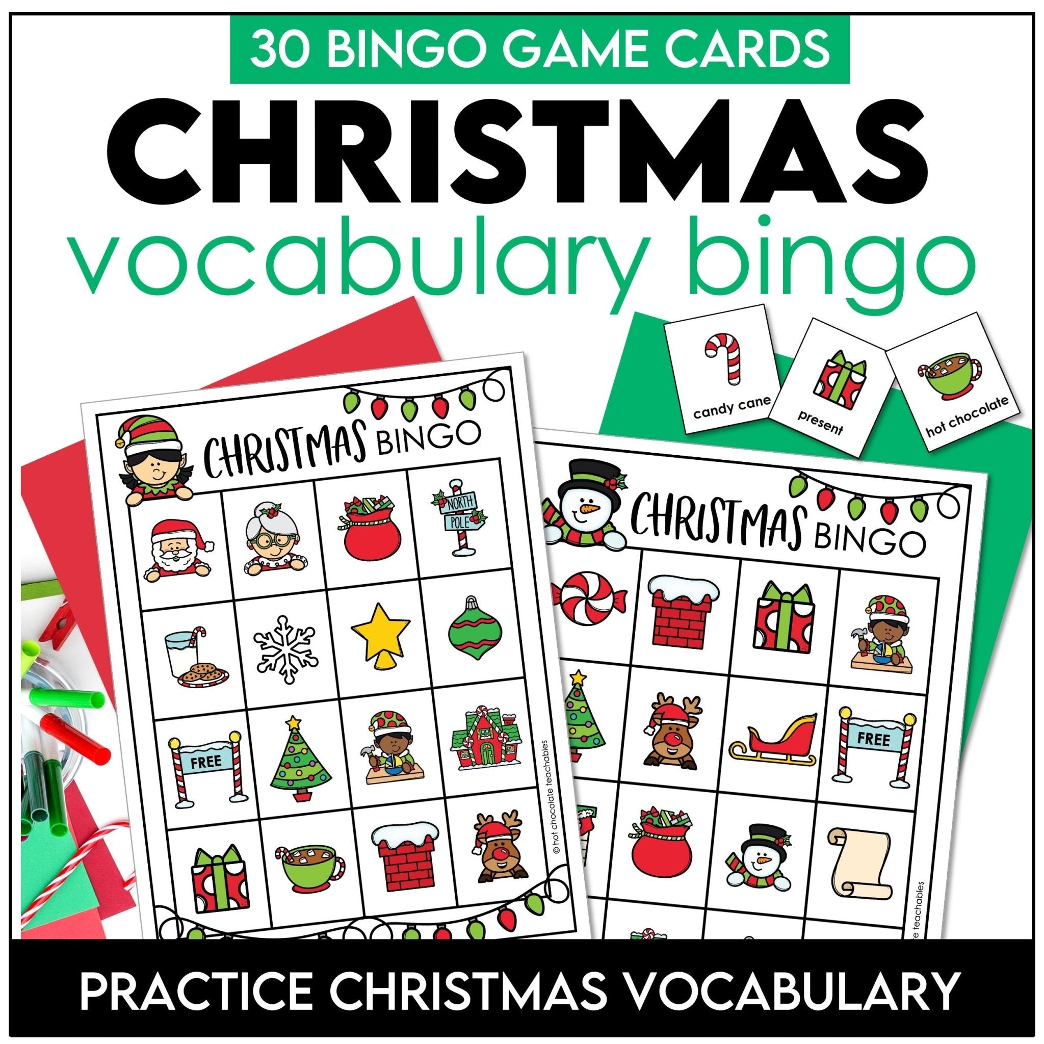 Christmas Vocabulary Building Bingo Game Cards - Hot Chocolate Teachables