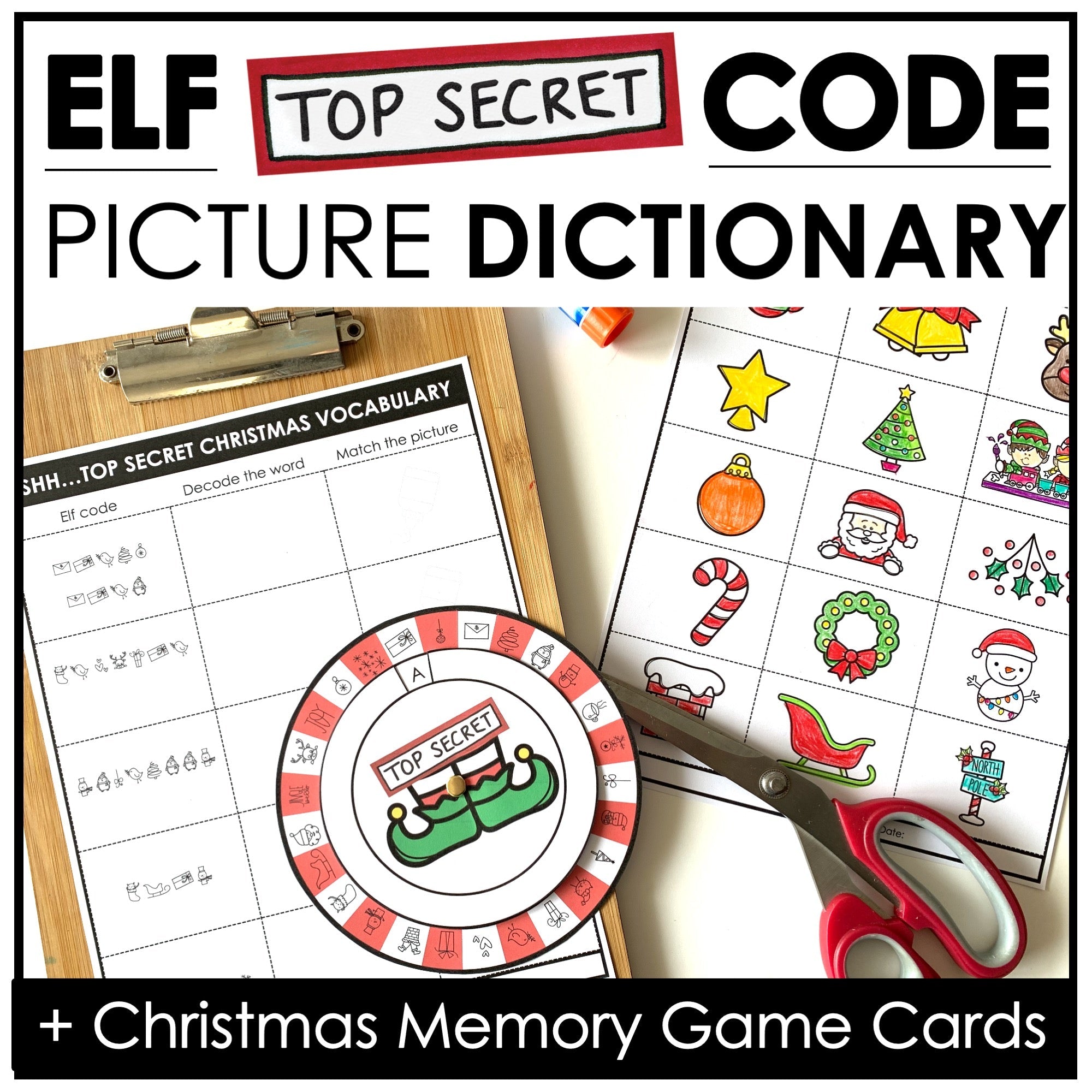 Christmas Vocabulary Picture Dictionary & Memory Game – Elf Secret Code Activity - Hot Chocolate Teachables