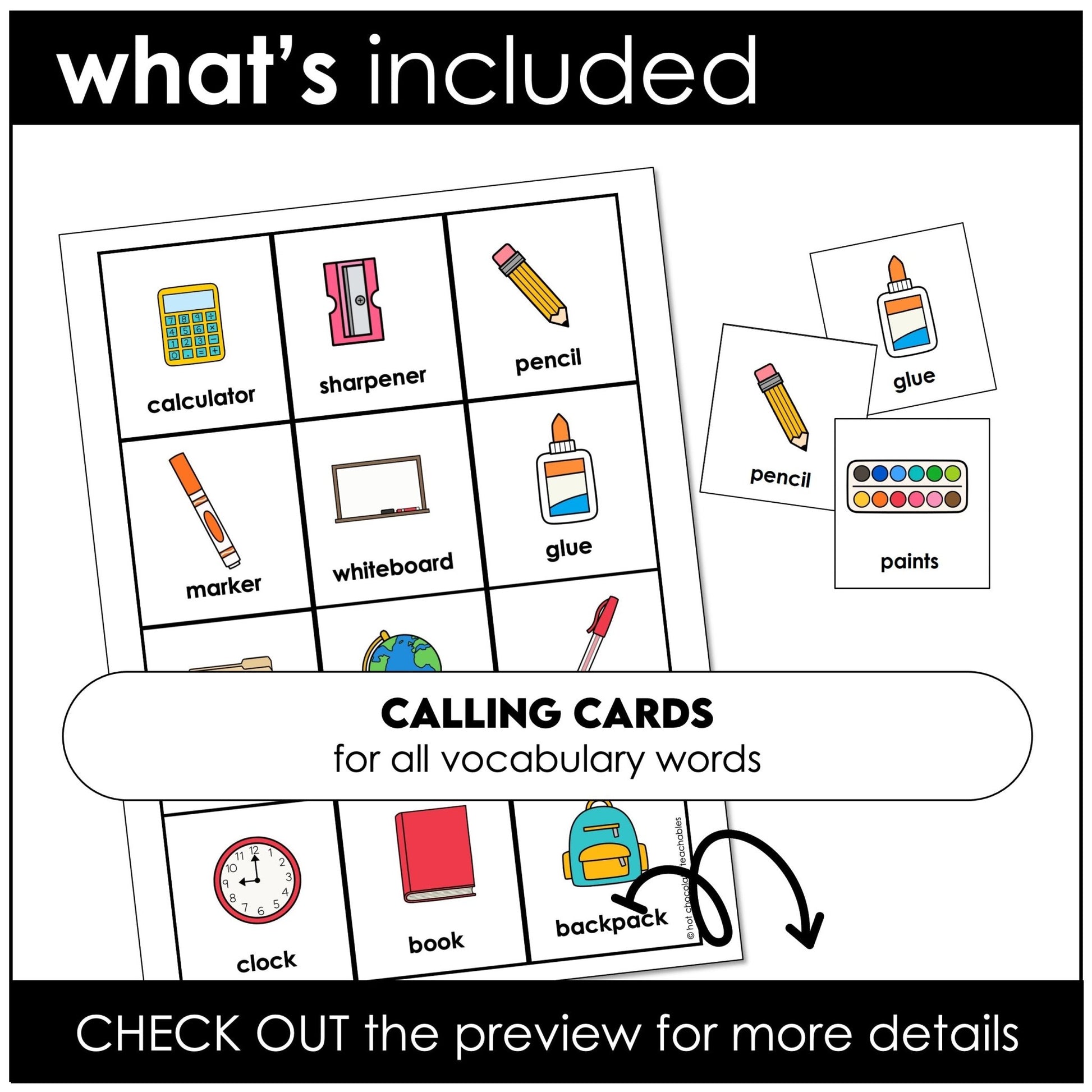 Classroom & School Supplies Bingo Game - Vocabulary Building for ELL - ESL - EFL - Hot Chocolate Teachables