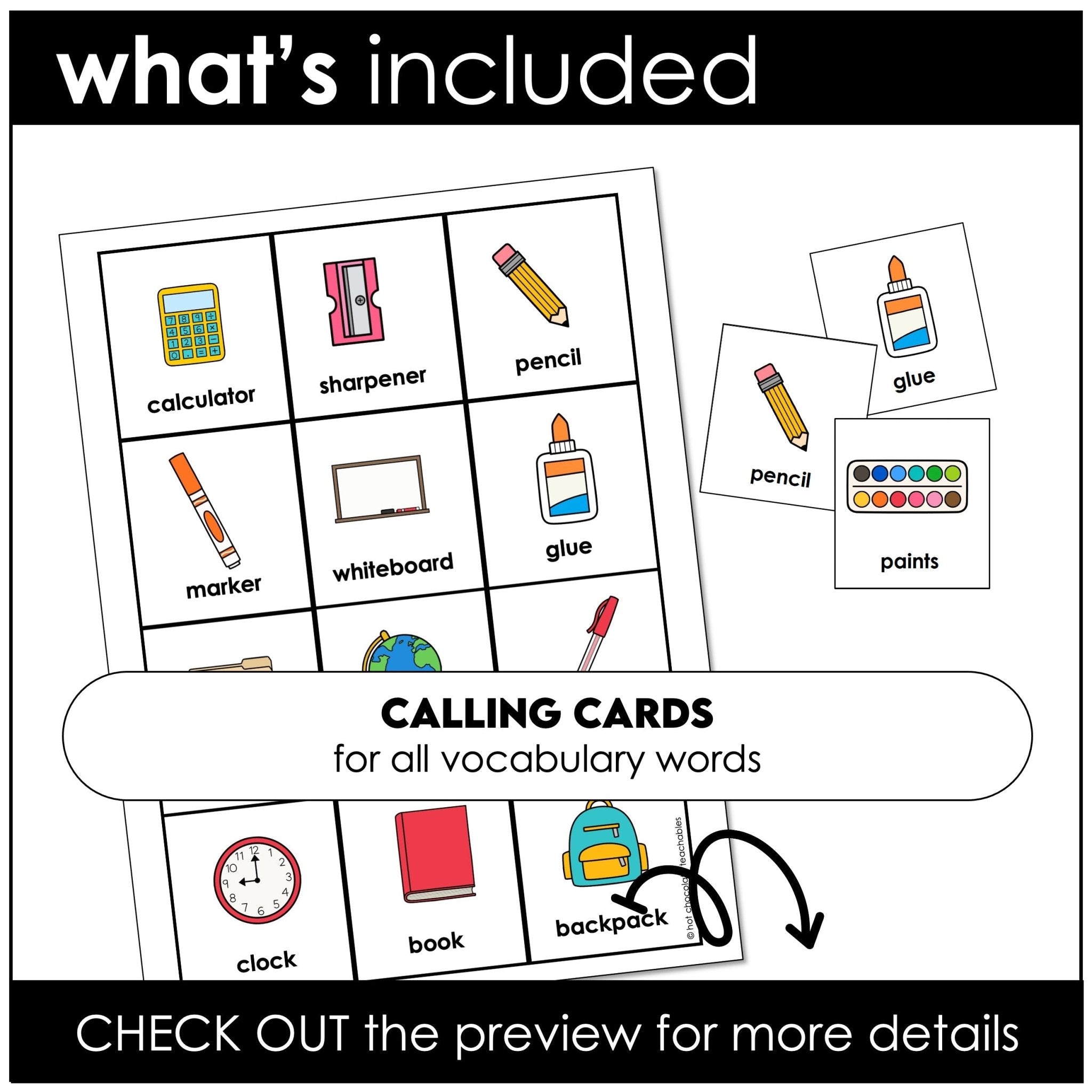 Classroom & School Supplies Bingo Game - Vocabulary Building for ELL - ESL - EFL - Hot Chocolate Teachables