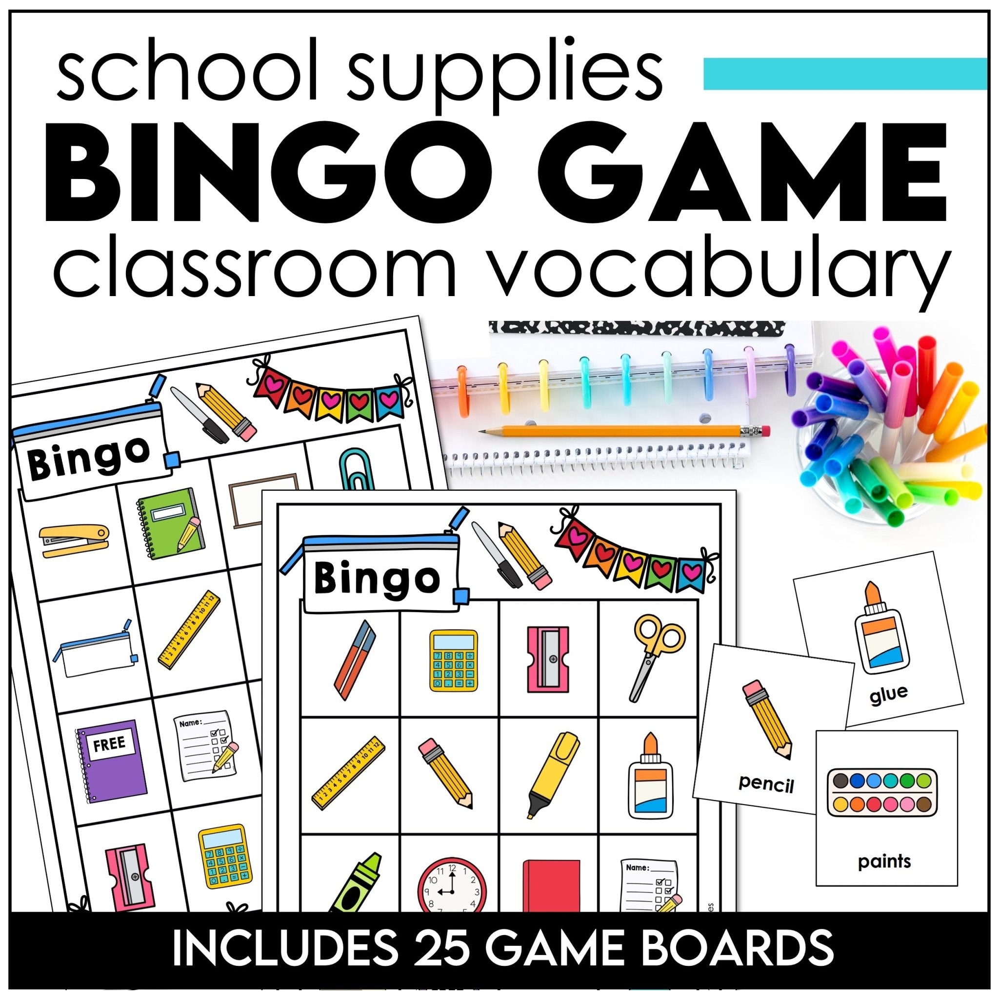 Classroom & School Supplies Bingo Game - Vocabulary Building for ELL - ESL - EFL - Hot Chocolate Teachables