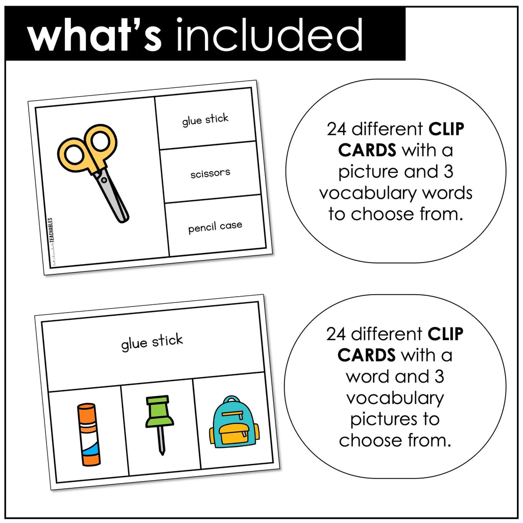 Classroom & School Supplies Vocabulary CLIP CARDS for ELL - ESL - EFL - Hot Chocolate Teachables