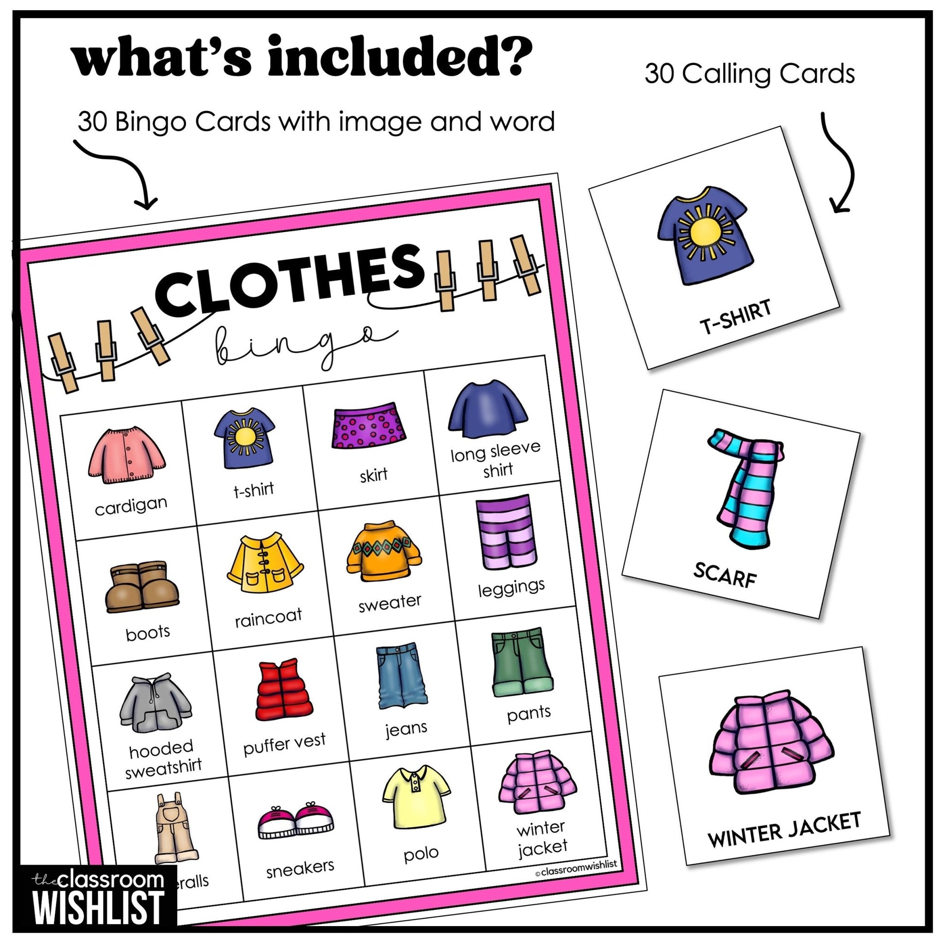 Clothes Bingo – Clothing Vocabulary Bingo Game Cards - Play 3 Ways - Hot Chocolate Teachables
