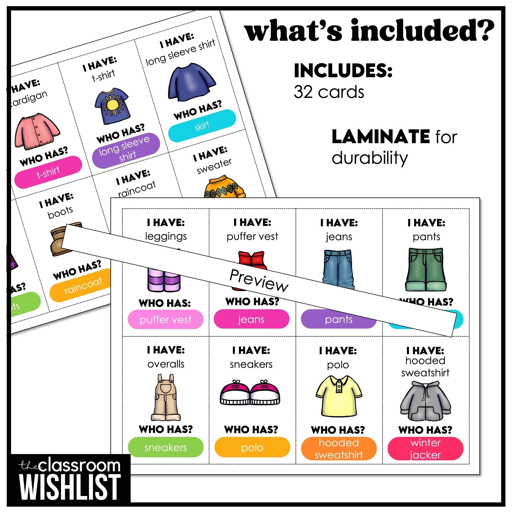 Clothes - I Have, Who Has? Card Game | Clothing, Jewelry, Accessories Activity - Hot Chocolate Teachables