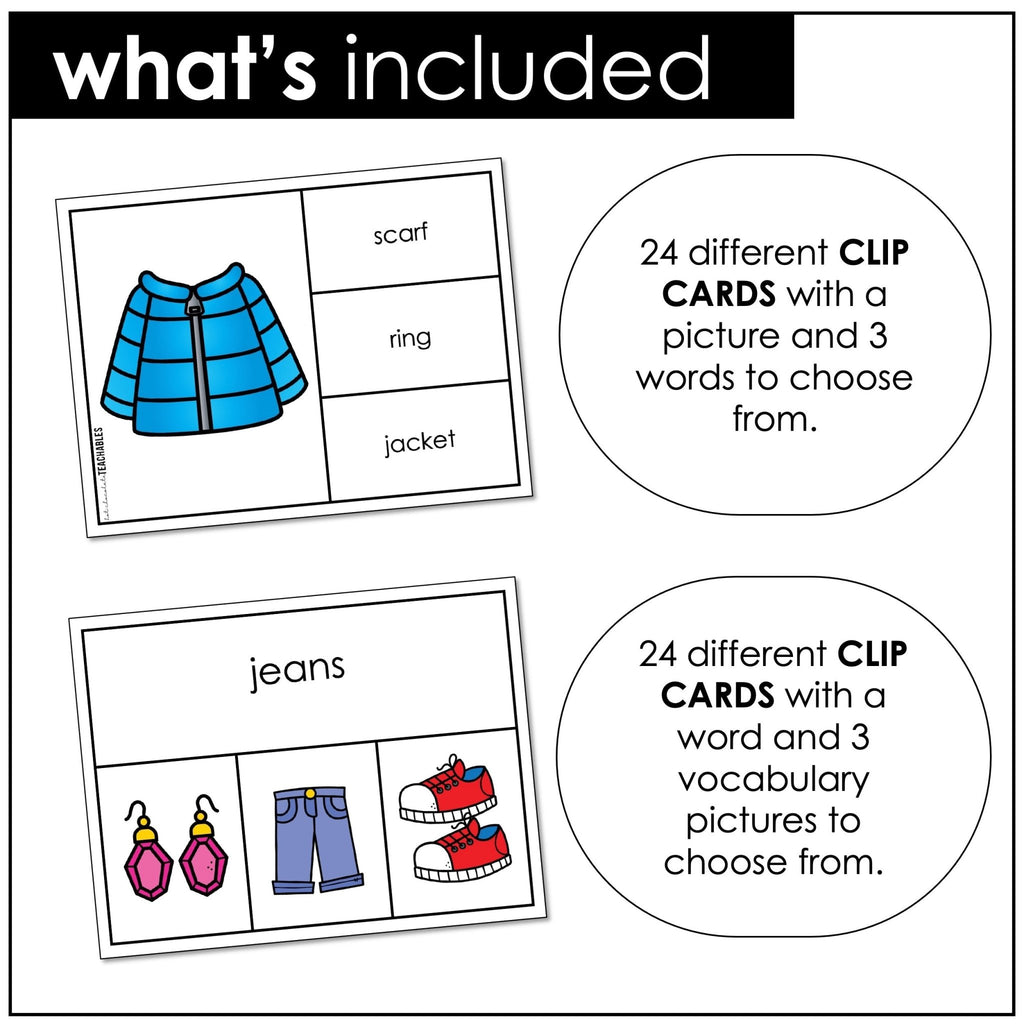 Clothes Vocabulary | Clothing CLIP CARDS for ELL - ESL - EFL - Hot Chocolate Teachables