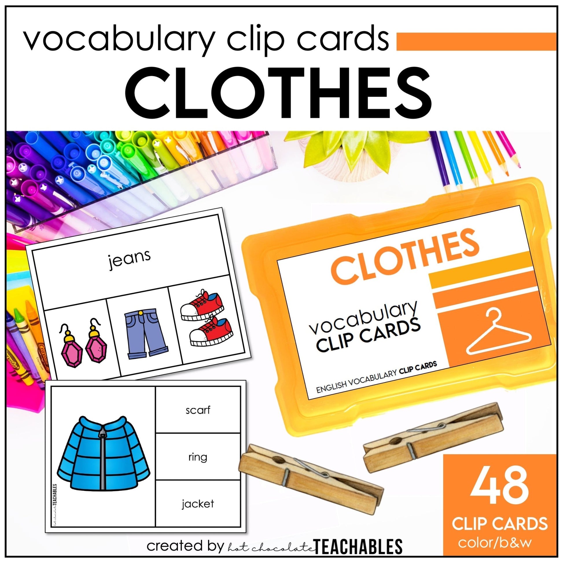 Clothes Vocabulary | Clothing CLIP CARDS for ELL - ESL - EFL - Hot Chocolate Teachables
