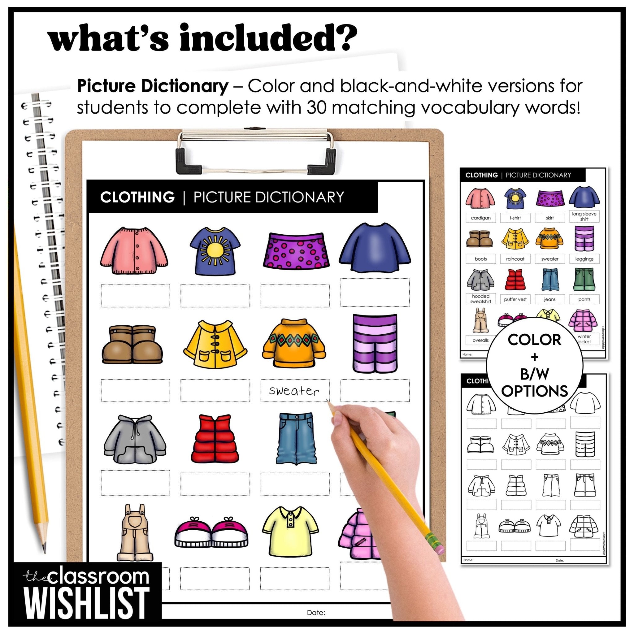 Clothing Vocabulary - Digital Flashcards & Student Picture Dictionary for ESL - Hot Chocolate Teachables