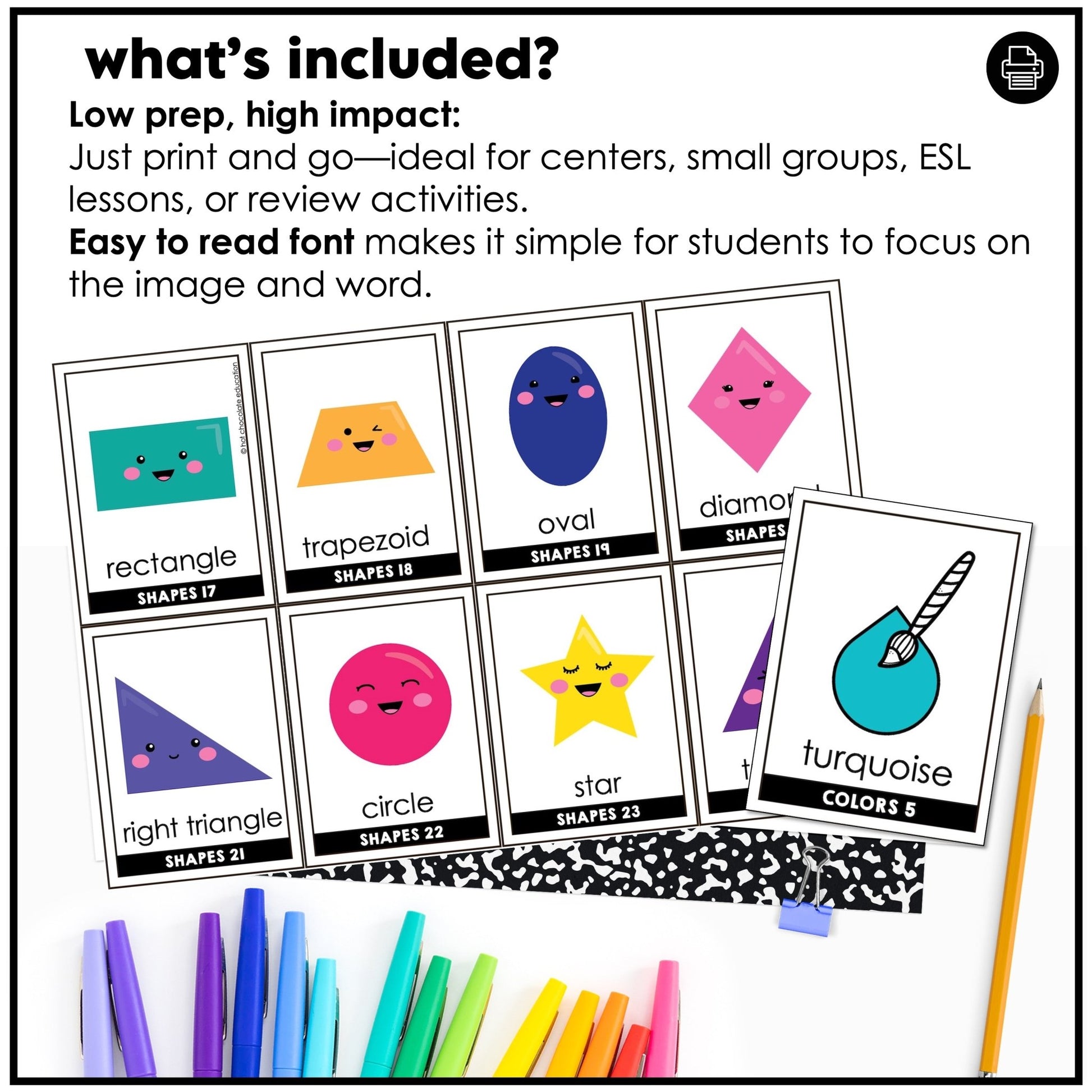 Colors & Shapes Vocabulary Flash cards | ESL Beginner Task Cards - Hot Chocolate Teachables