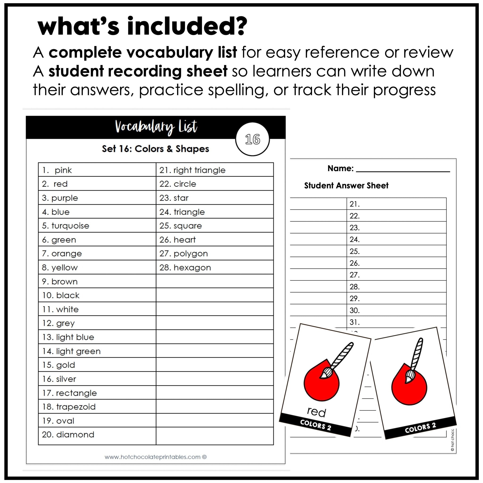 Colors & Shapes Vocabulary Flash cards | ESL Beginner Task Cards - Hot Chocolate Teachables