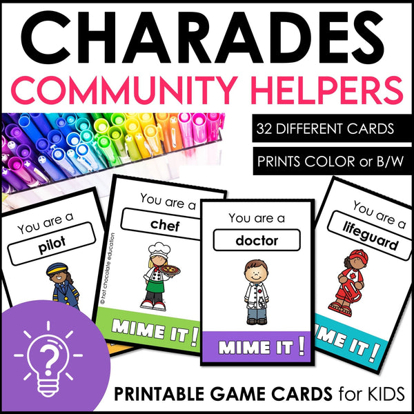 Community Helpers Charades - Who am I? Miming Game Cards for Kids - Hot Chocolate Teachables