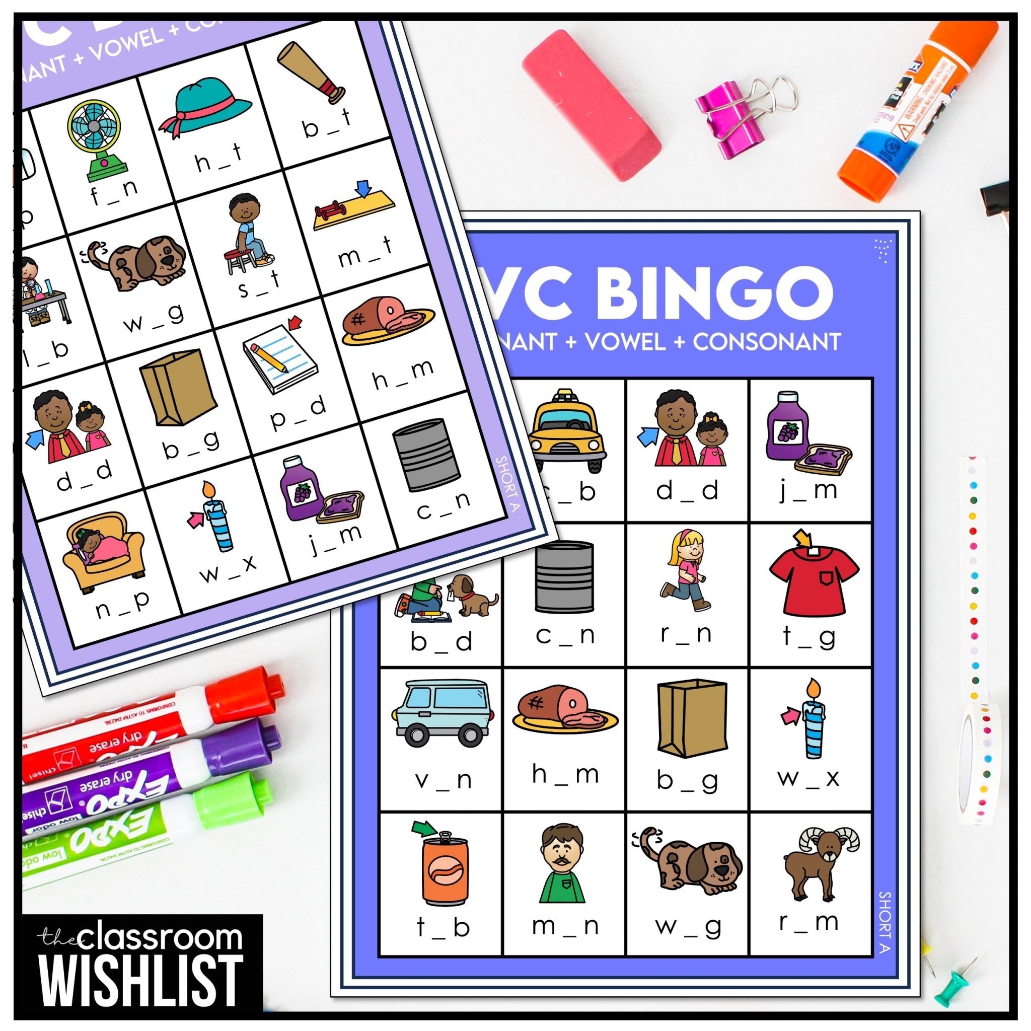 CVC Word Bingo Game - Short A - Missing Vowel Vocabulary Practice - Hot Chocolate Teachables