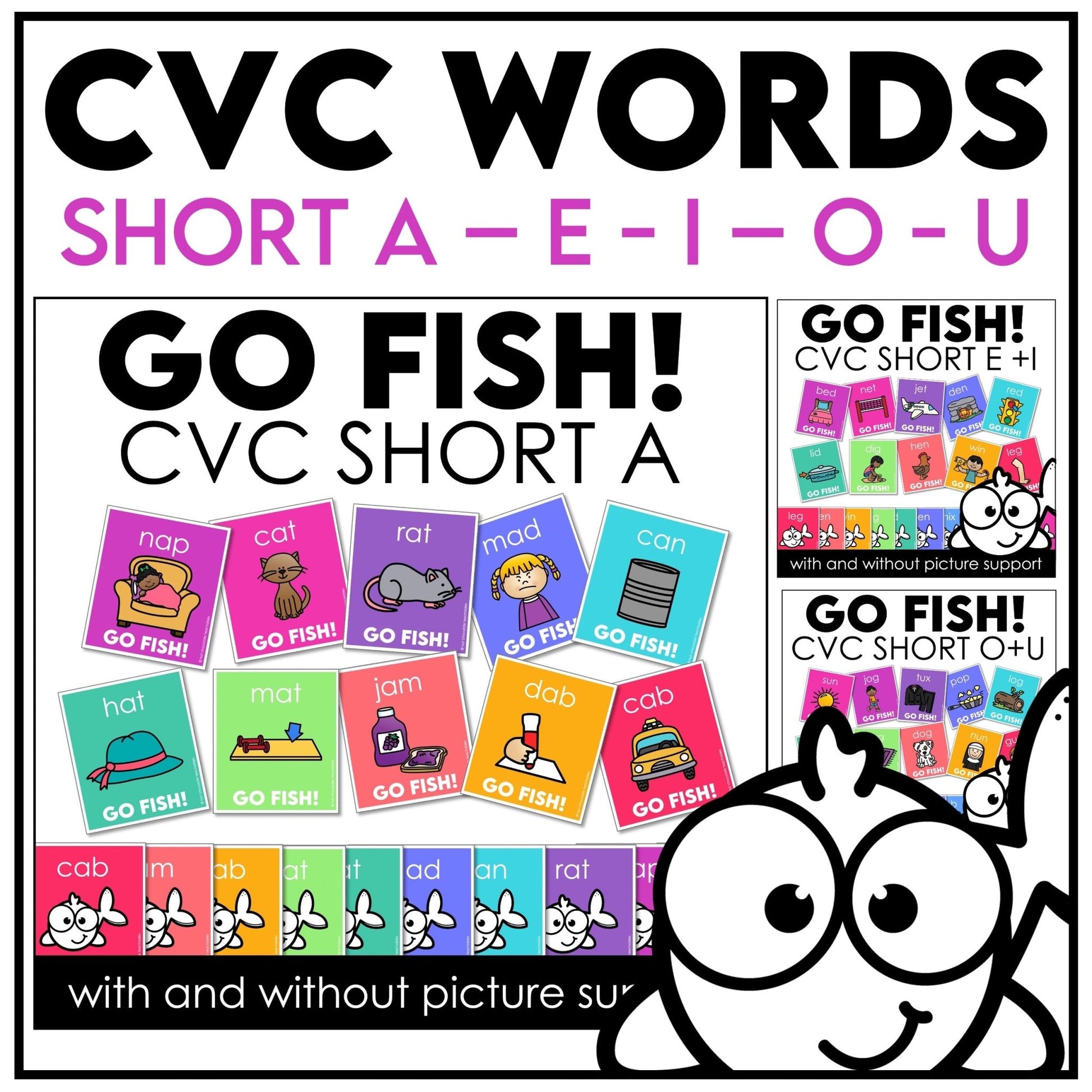CVC Word Game Bundle – Go Fish Literacy Card Games for Short Vowels A, E, I, O, U - Hot Chocolate Teachables