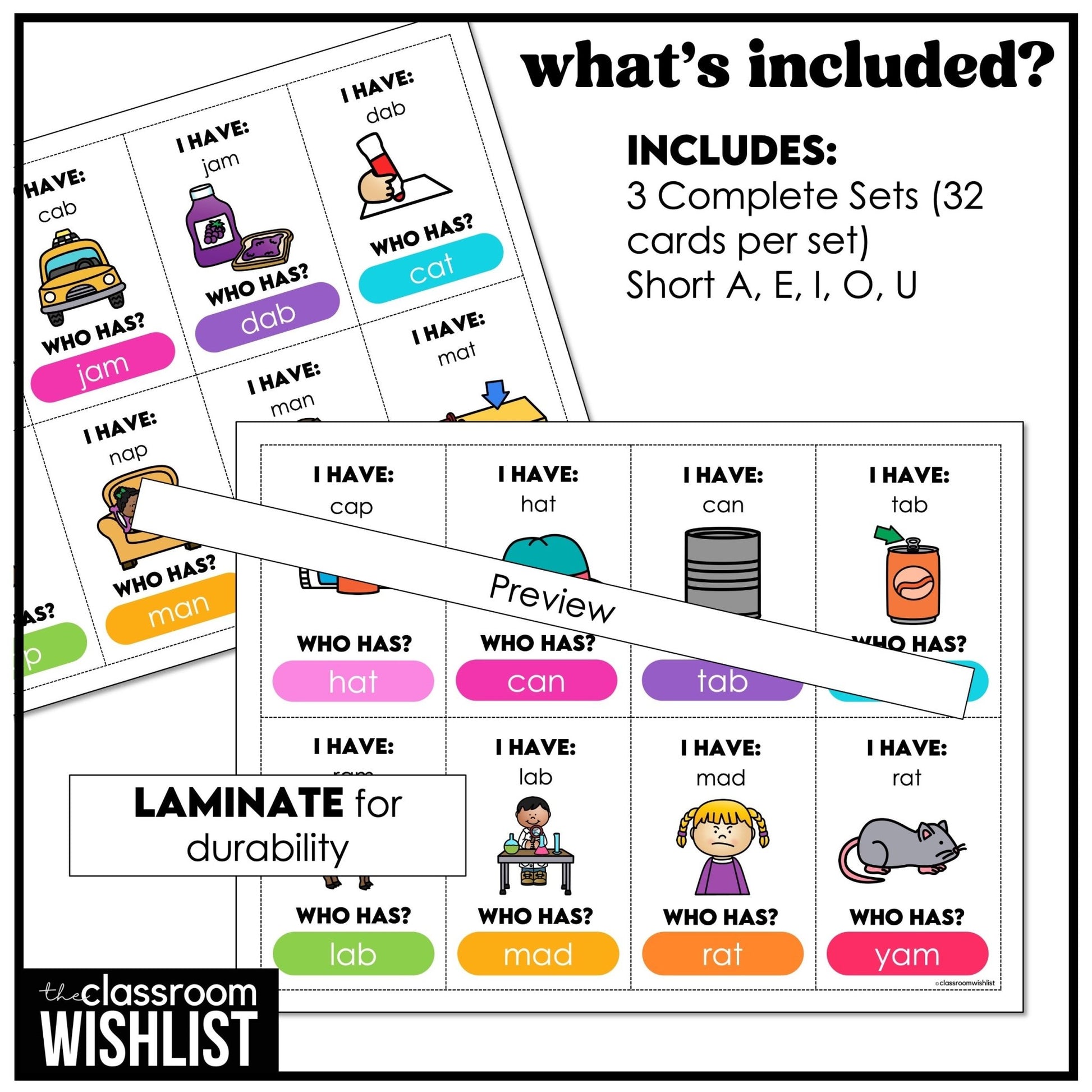 CVC Words I Have, Who Has? Card Game Bundle | Short Vowels A, E, I, O, U - Hot Chocolate Teachables