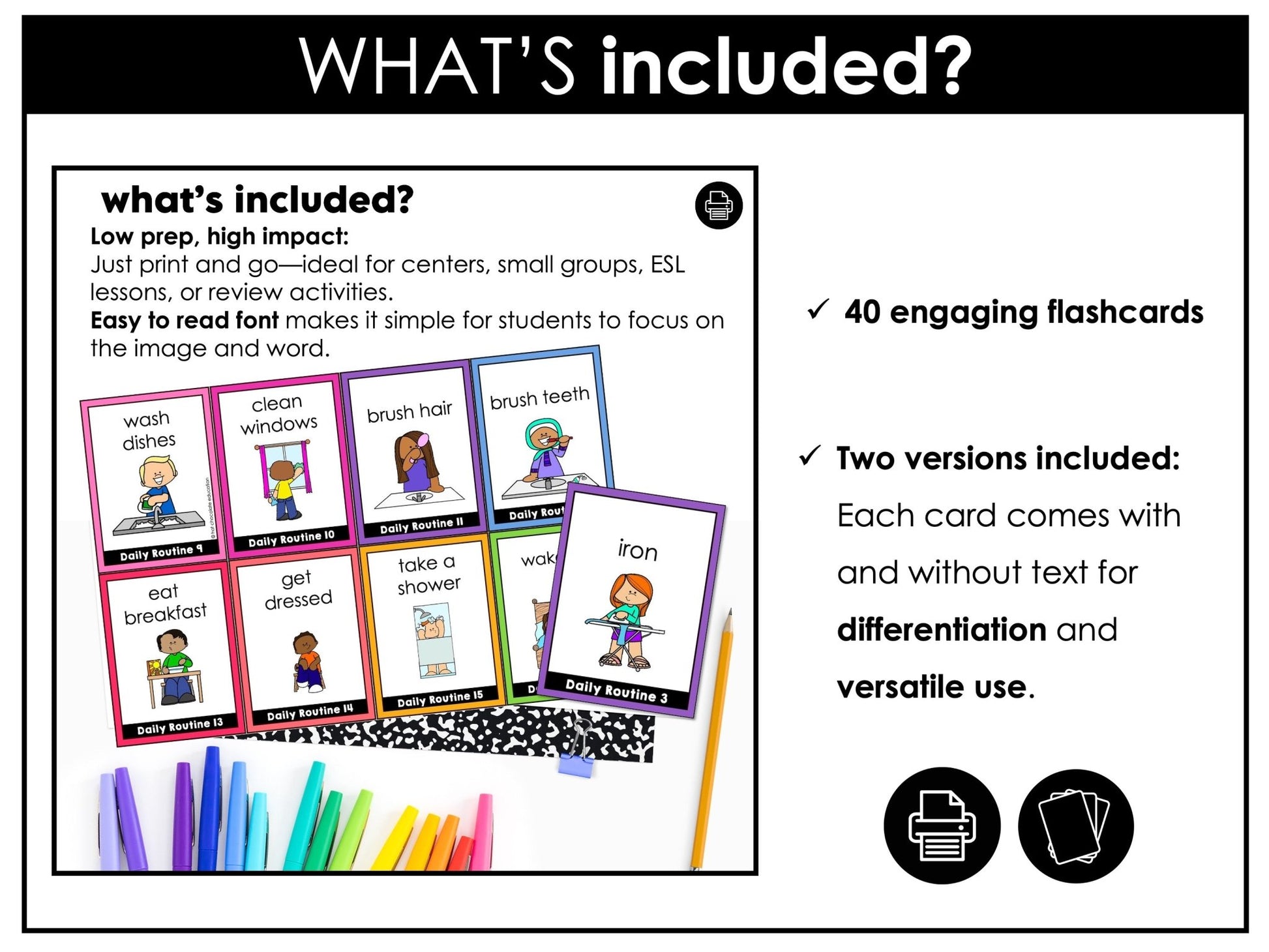 Daily Routine Flashcards : Basic Verbs & Chores : ESL task cards - Flash Cards - Hot Chocolate Teachables