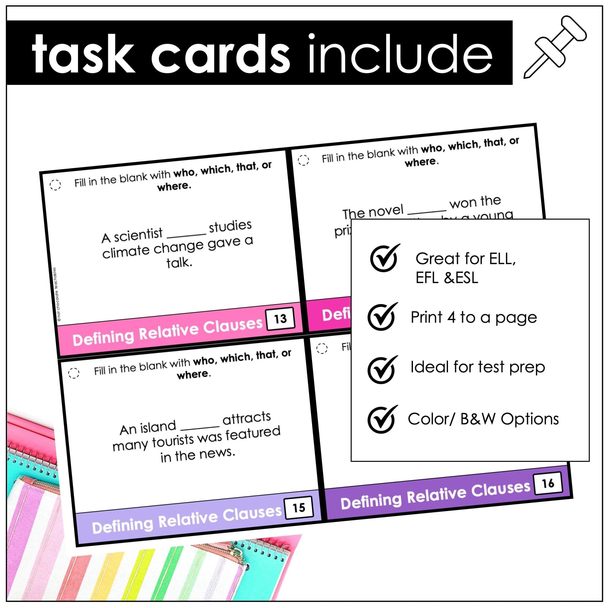 Defining Relative Clauses Task Cards – Who, Which, That, Where (ESL Grammar) - Hot Chocolate Teachables