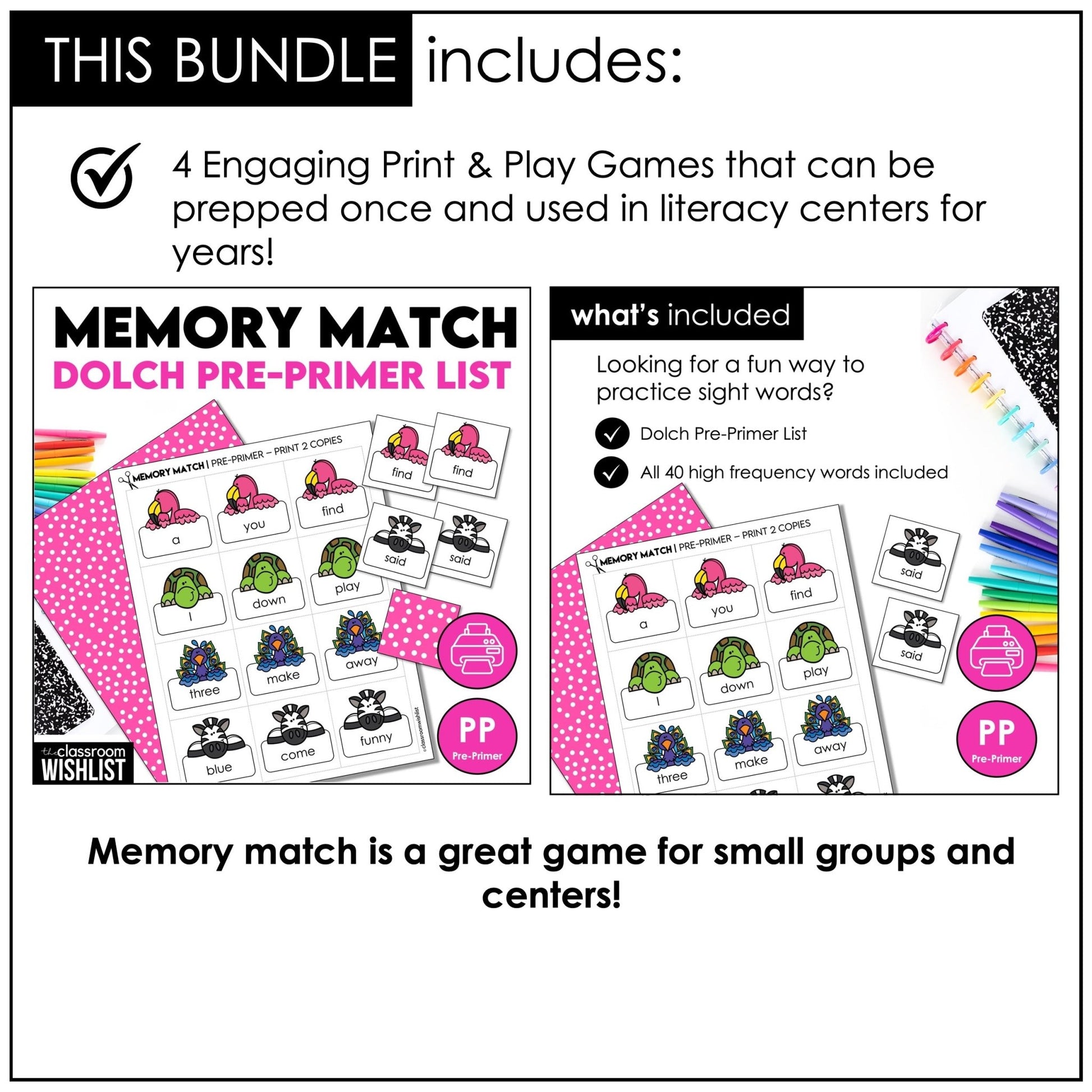 Dolch Pre - Primer Sight Words Games Bundle – Print & Play Literacy Centers - Hot Chocolate Teachables