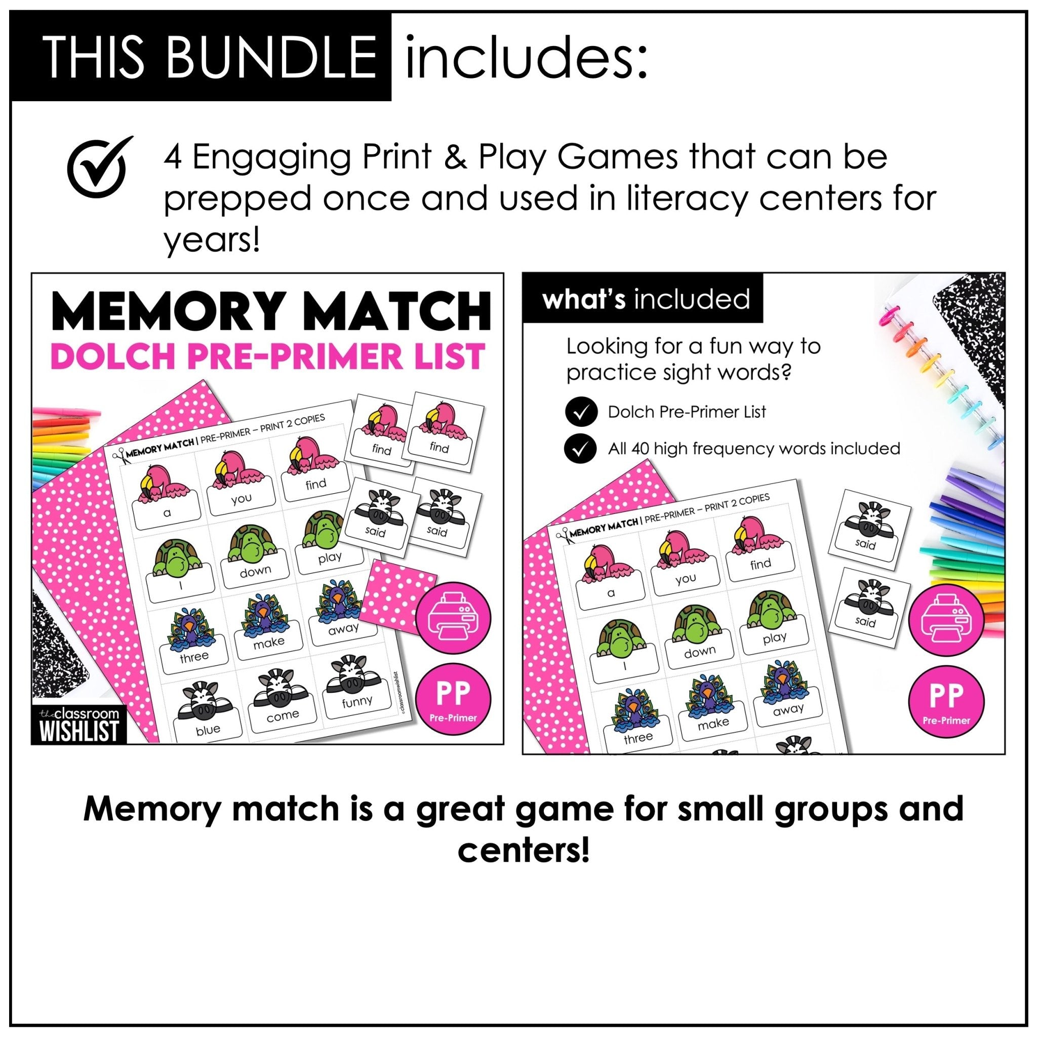 Dolch Pre - Primer Sight Words Games Bundle – Print & Play Literacy Centers - Hot Chocolate Teachables