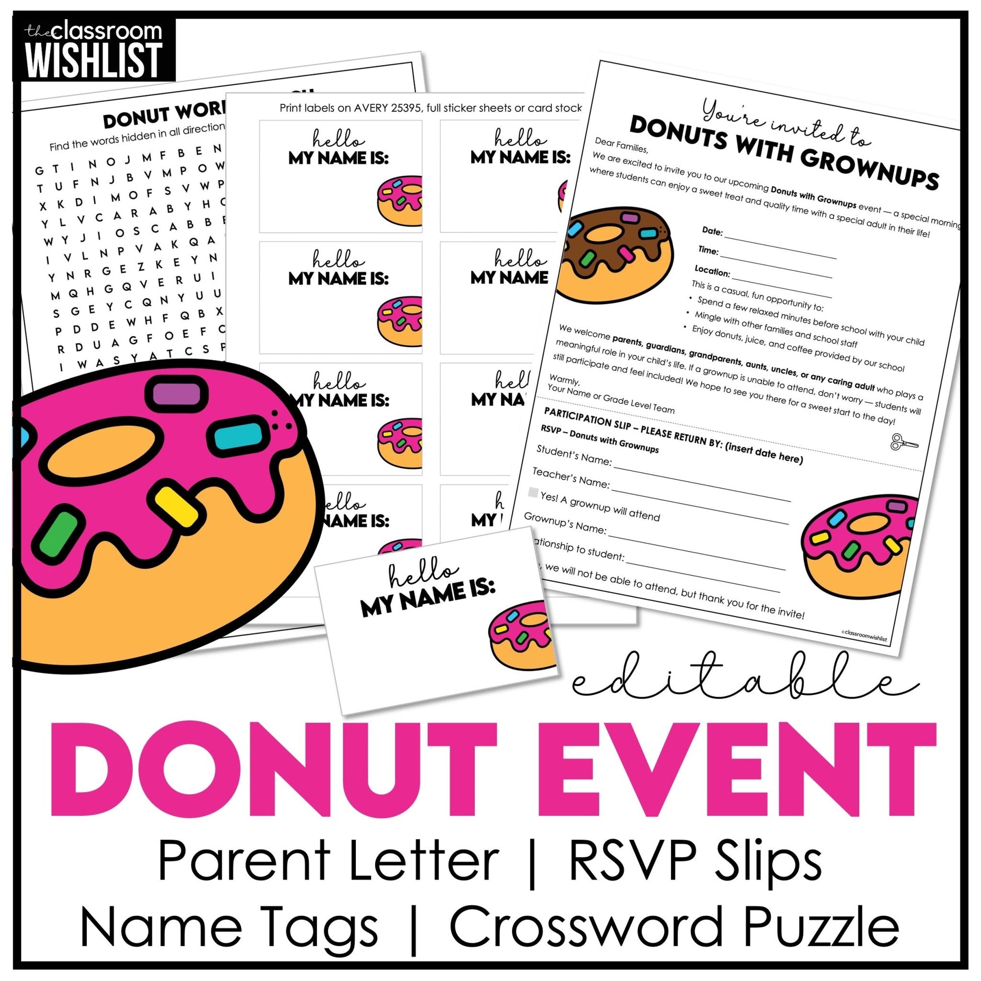 Donut Party Planning Kit | RSVP Parent Letter | Donuts & Grownups | Name Tags - Hot Chocolate Teachables