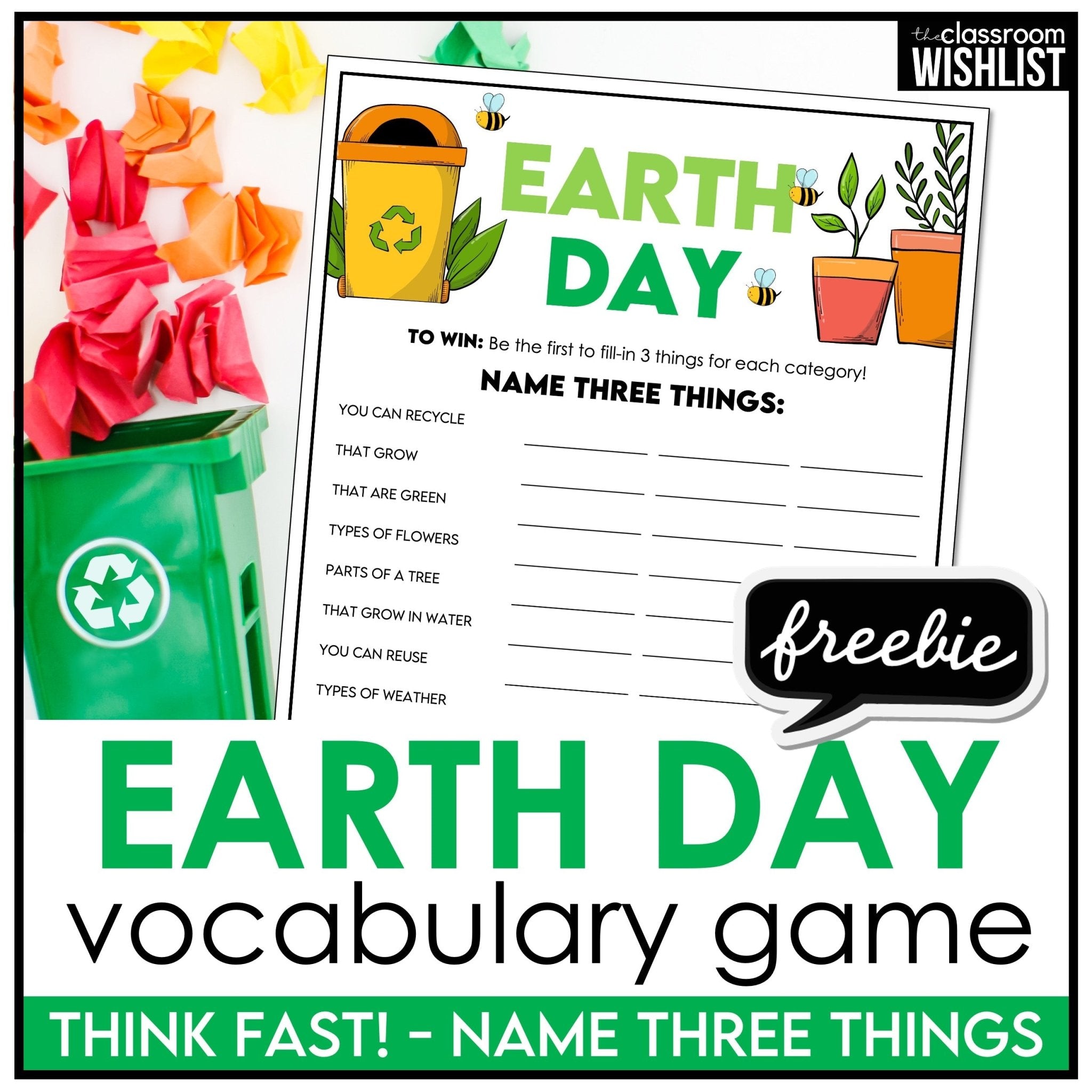 Earth Day Vocabulary Game | Name Three Things | Earth Day Freebie Activity - Hot Chocolate Teachables