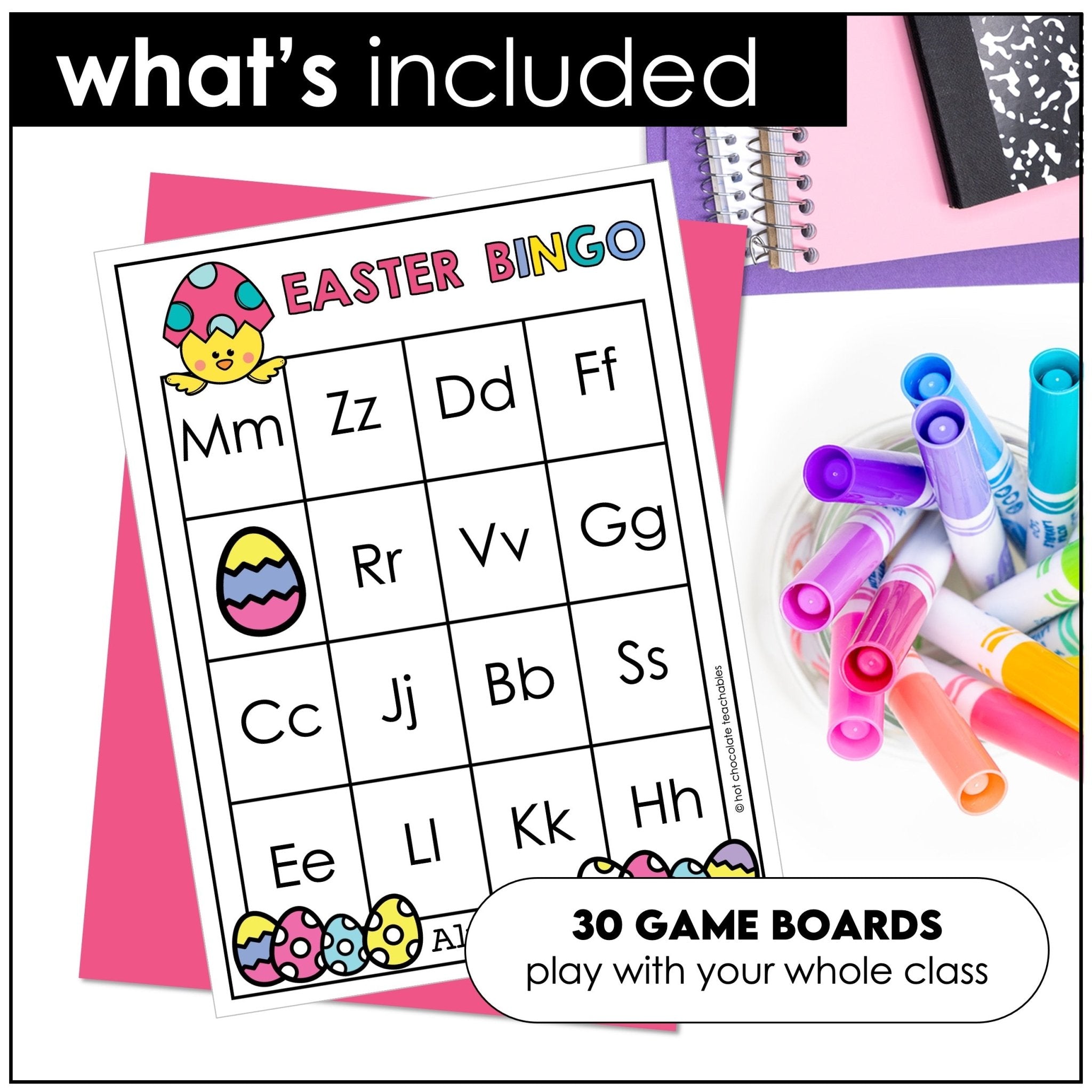 Easter Alphabet Recognition Bingo Game - Uppercase & Lowercase Letters - Hot Chocolate Teachables