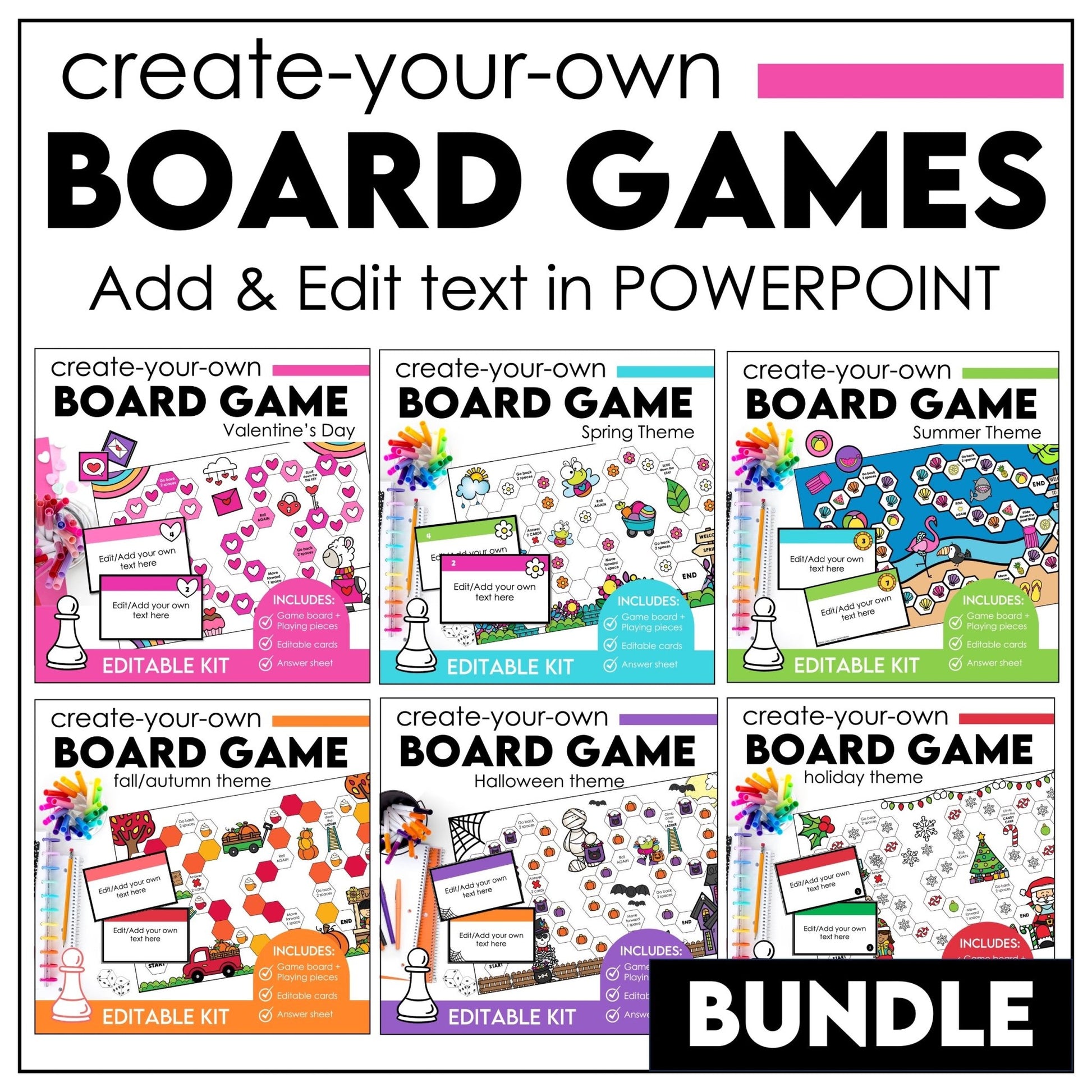 Editable Board Game Bundle - Templates with Editable Game Cards for ANY subject - Hot Chocolate Teachables