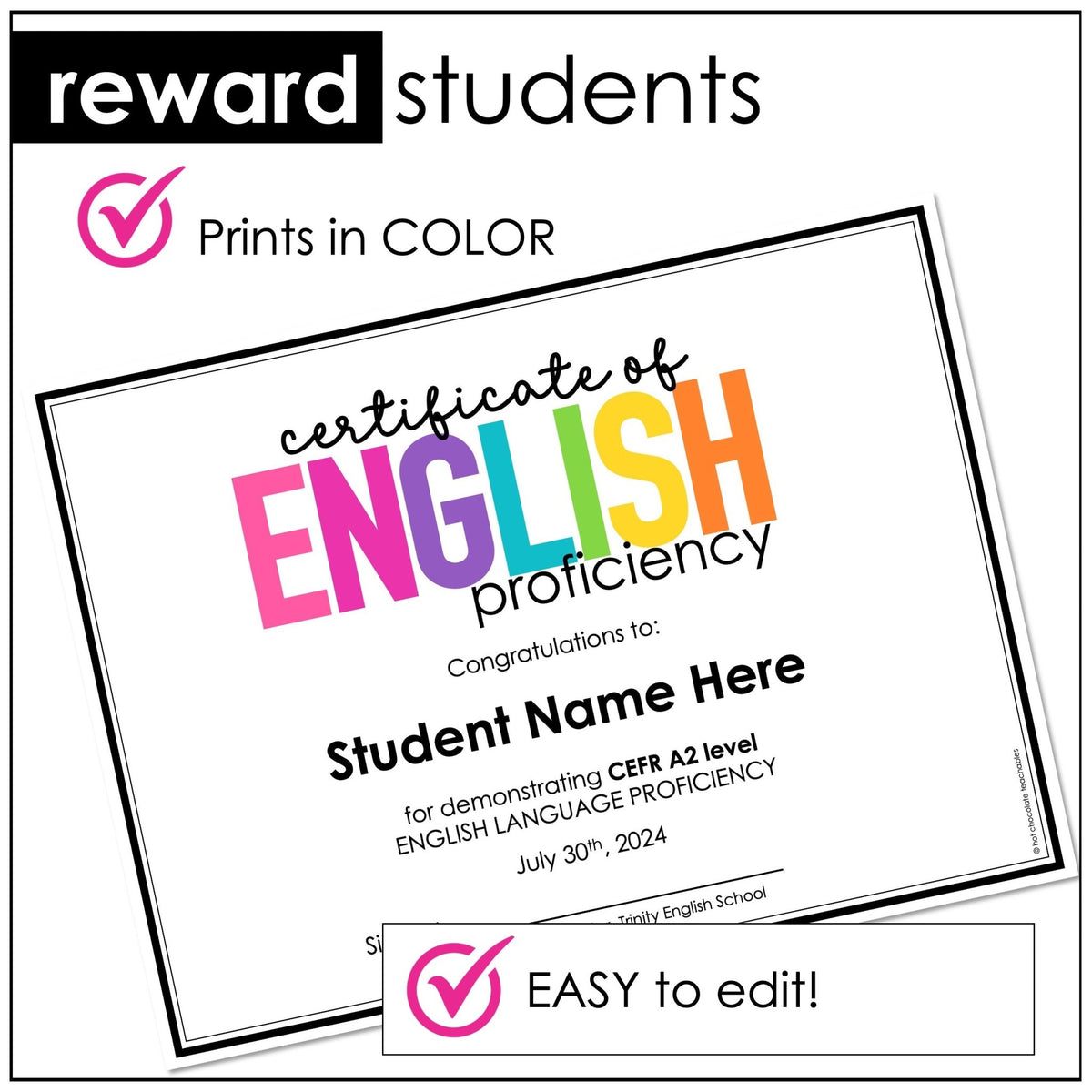 Editable English Award Certificate – End of Year CEFR A1–C2 - Hot Chocolate Teachables