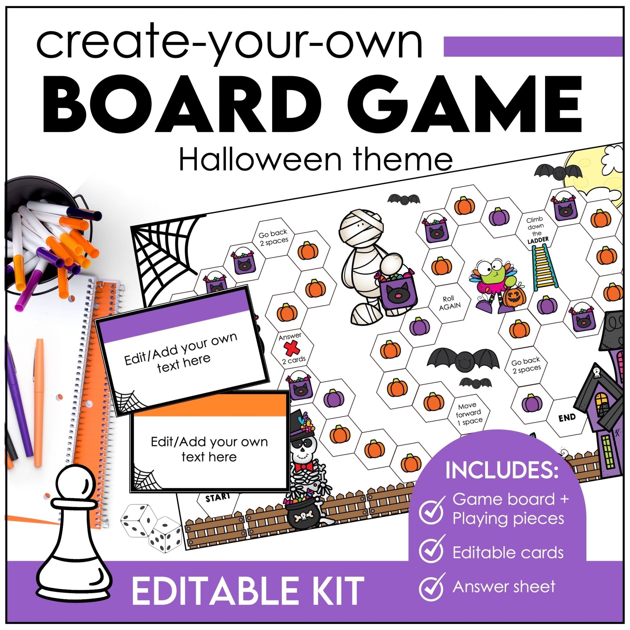 Editable Halloween Game Board | Create editable game cards for ANY subject - Hot Chocolate Teachables