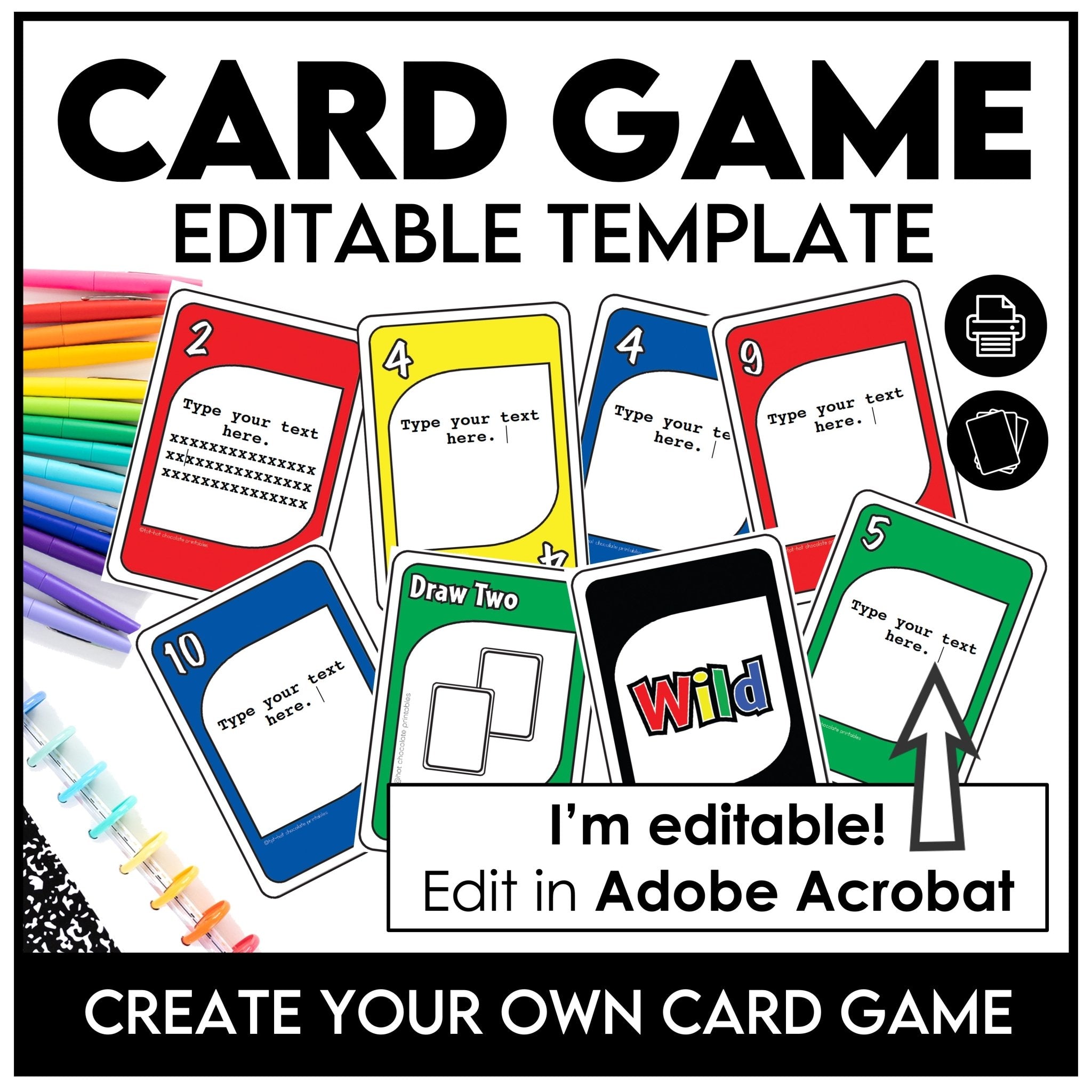 Editable UNO Style Card Game - Use with ANY SUBJECT | Edit Text Boxes - Hot Chocolate Teachables