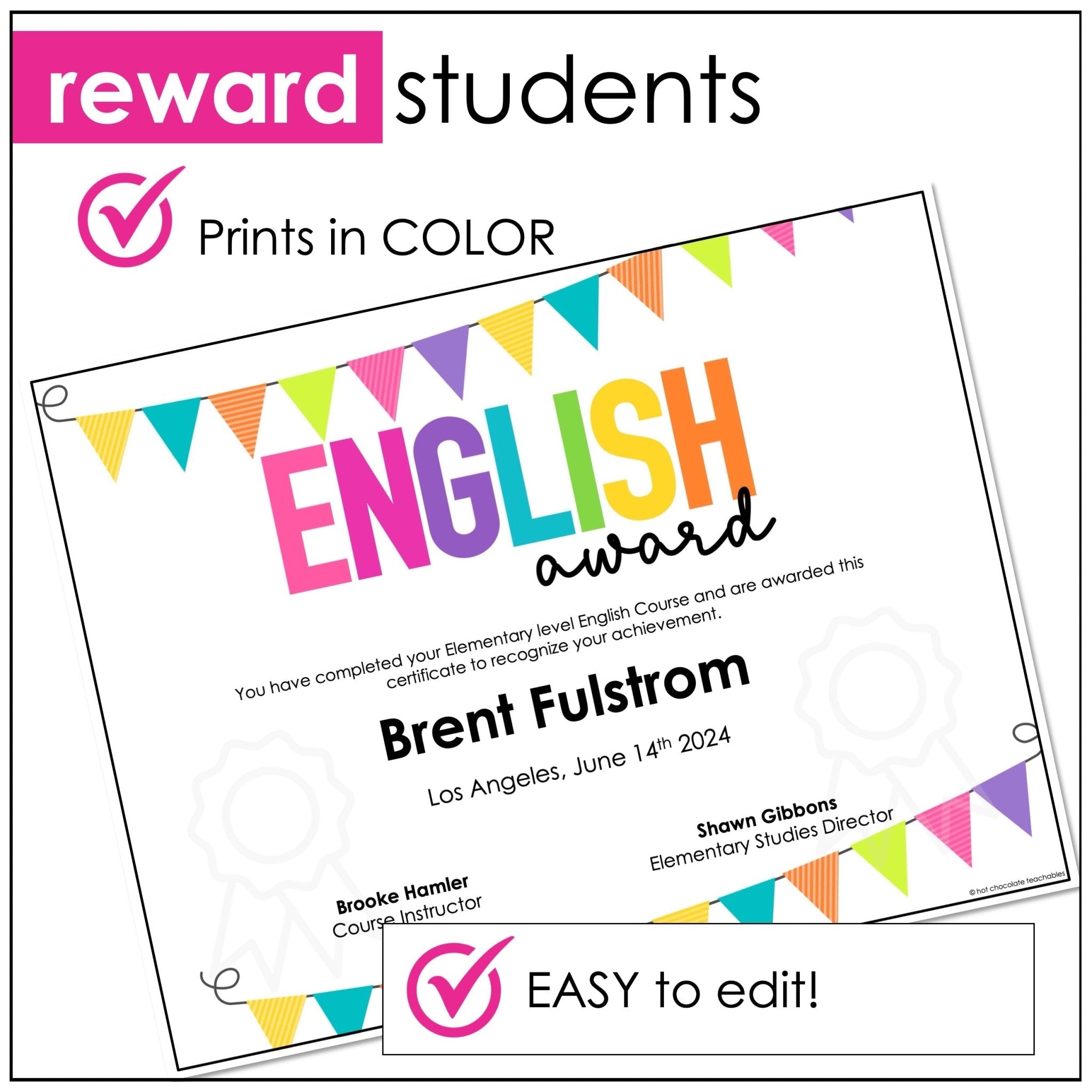 End of Year English Award Certificate - Editable Name and Date Fields - Hot Chocolate Teachables