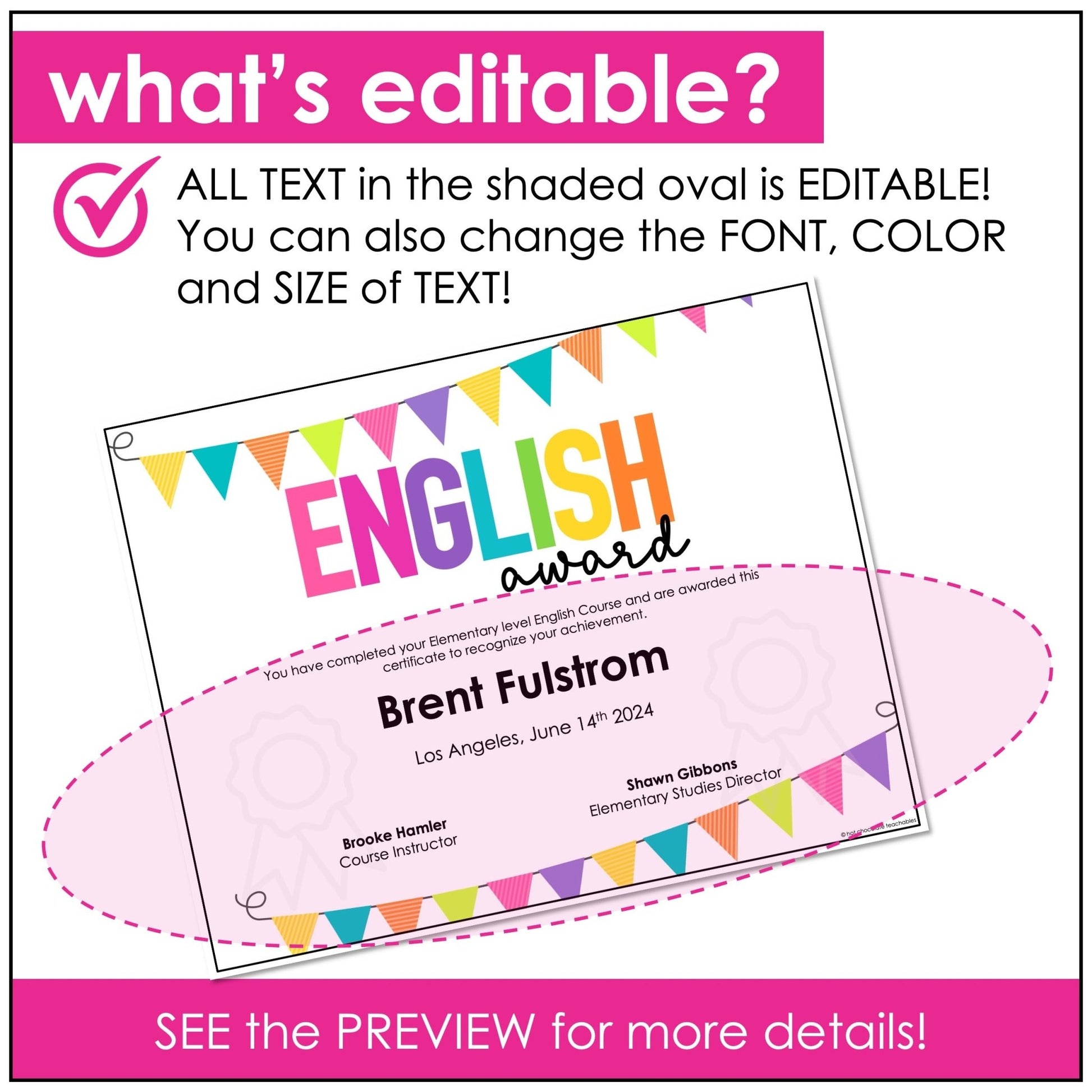 End of Year English Award Certificate - Editable Name and Date Fields - Hot Chocolate Teachables