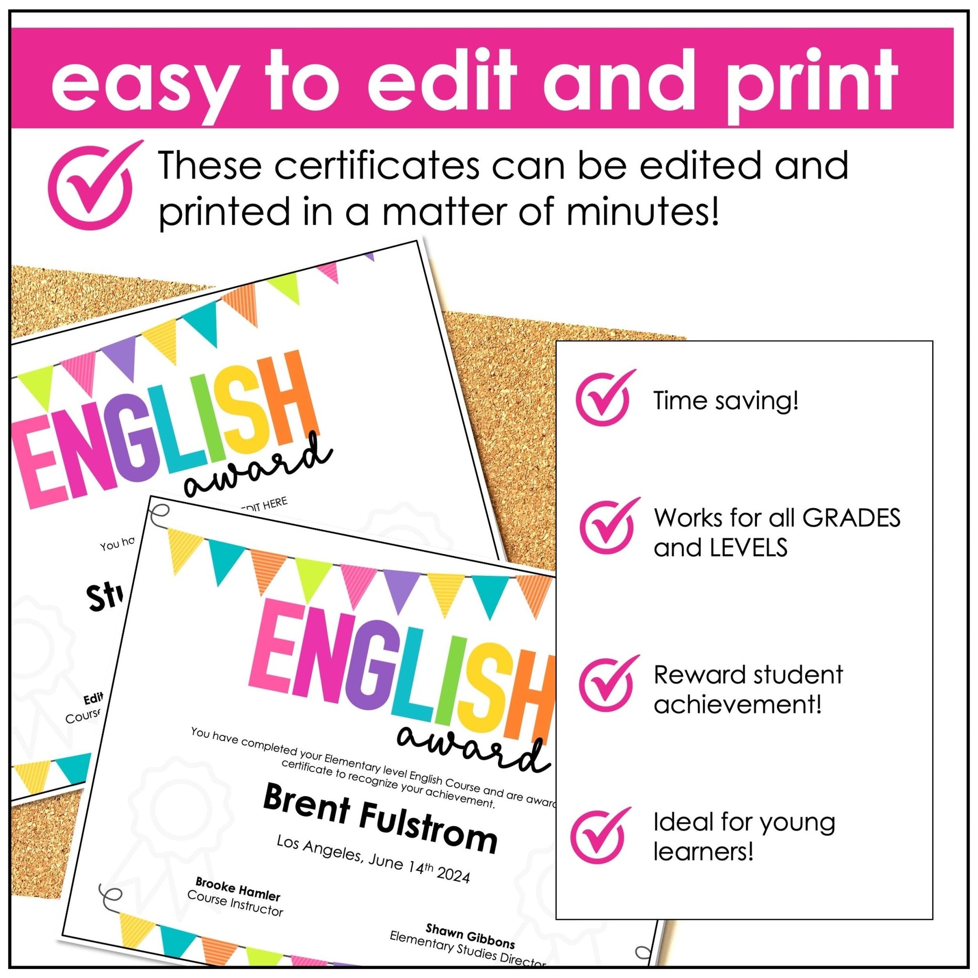 End of Year English Award Certificate - Editable Name and Date Fields - Hot Chocolate Teachables
