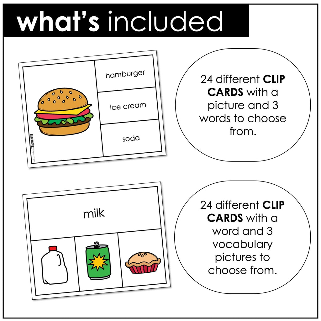 English Core Vocabulary Clip Card Bundle - Objects, Verbs, School, City, Clothes - Hot Chocolate Teachables