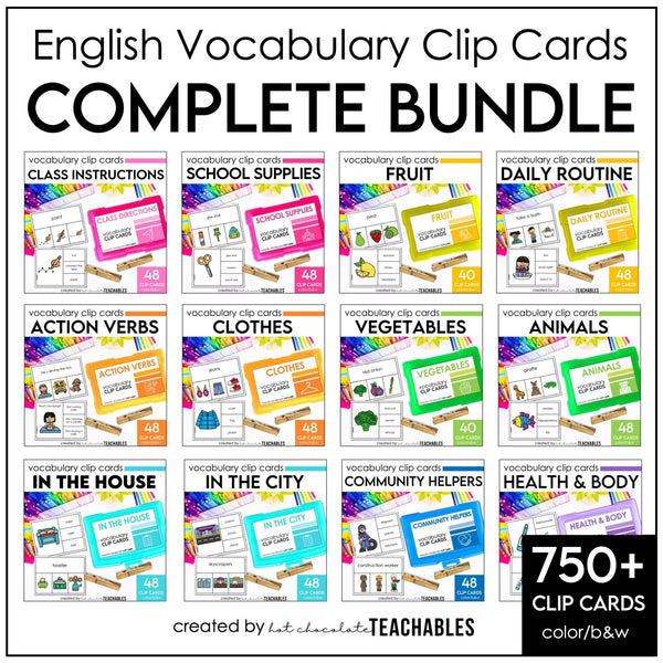 English Core Vocabulary Clip Card Bundle - Objects, Verbs, School, City, Clothes - Hot Chocolate Teachables