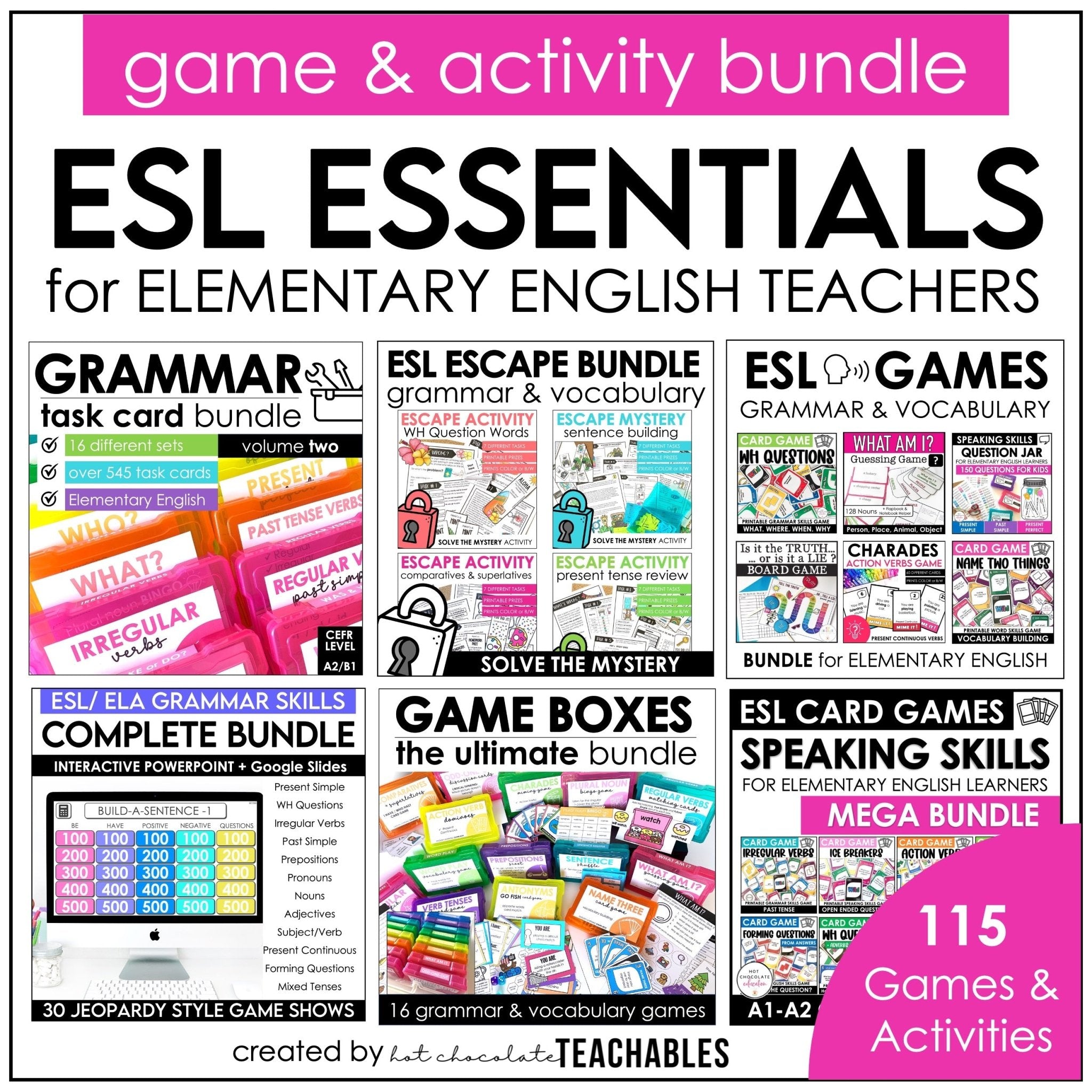 English Essentials Biggest Bundle: ESL Grammar, Conversation, Vocabulary ELA Games & Activities - Hot Chocolate Teachables