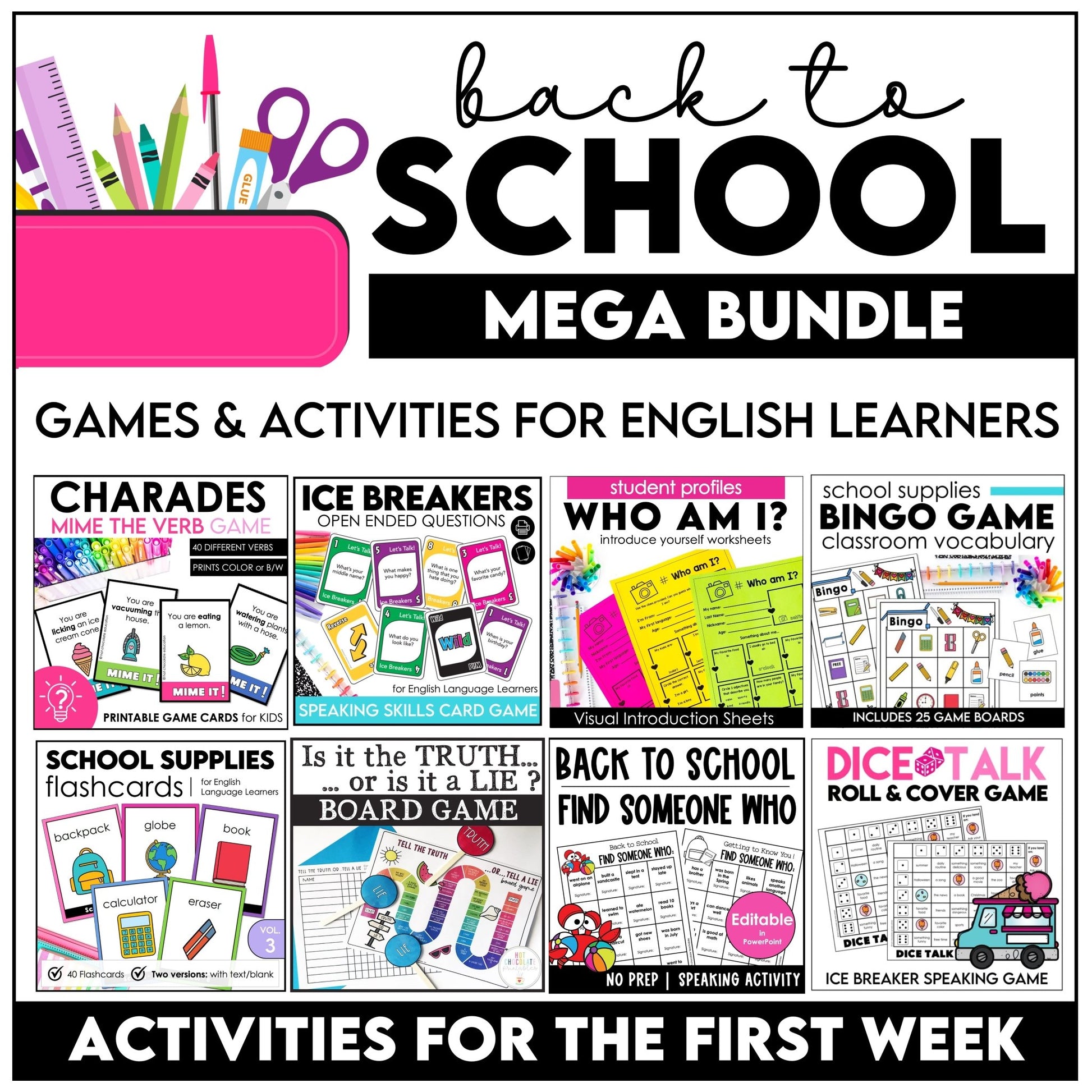 ESL Back to School BUNDLE: First week of School Grammar & Vocabulary Activities - Hot Chocolate Teachables