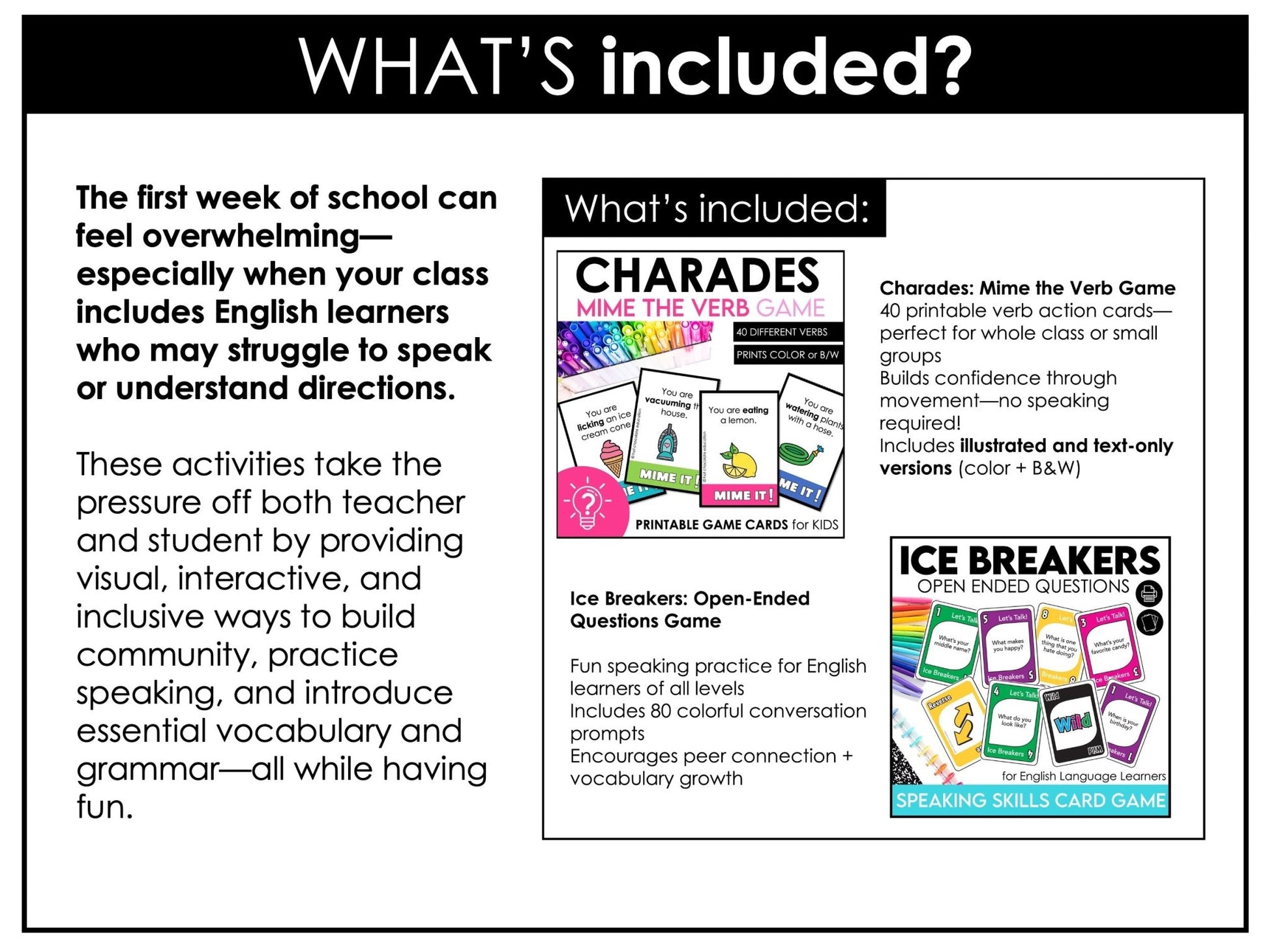 ESL Back to School BUNDLE: First week of School Grammar & Vocabulary Activities - Hot Chocolate Teachables