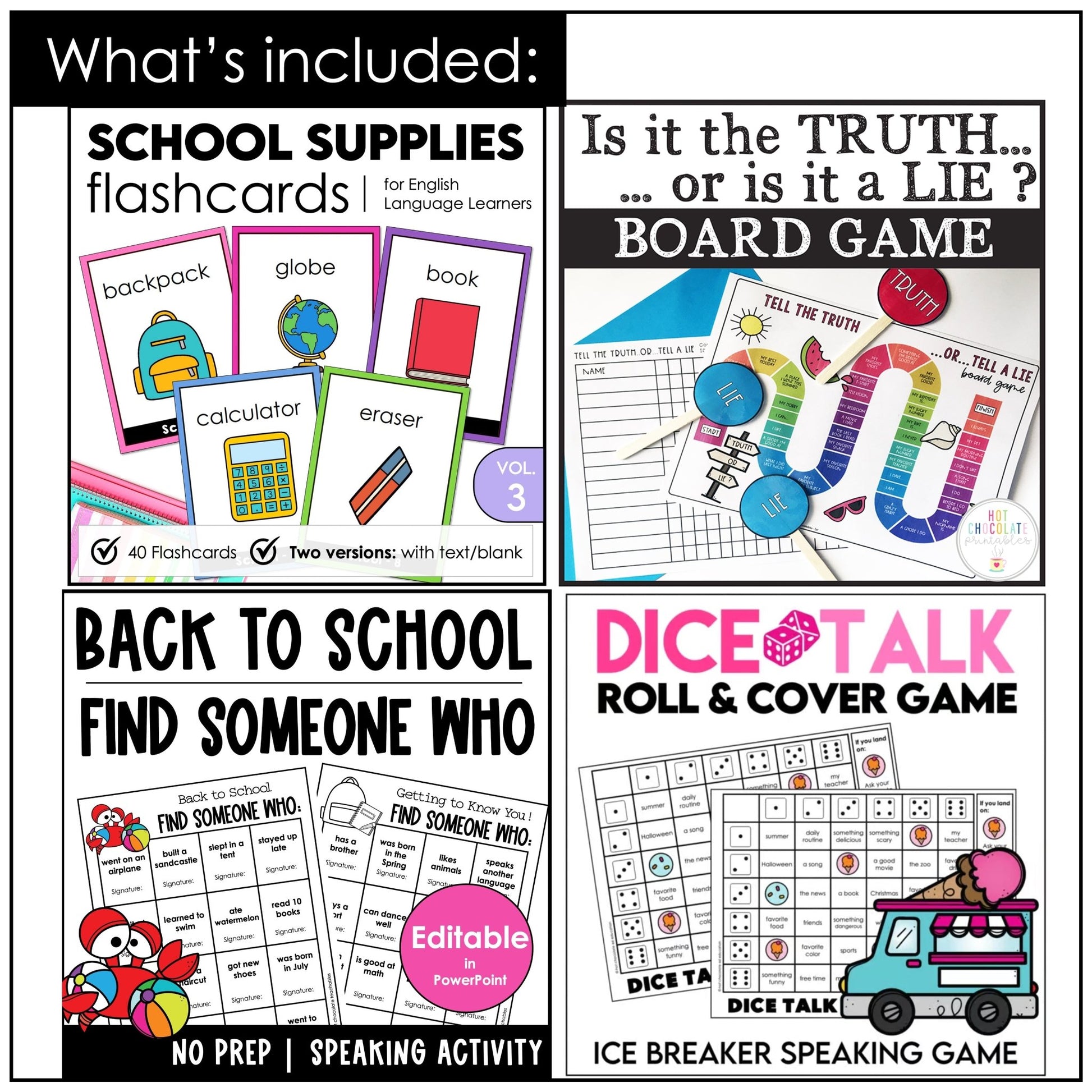 ESL Back to School BUNDLE: First week of School Grammar & Vocabulary Activities - Hot Chocolate Teachables