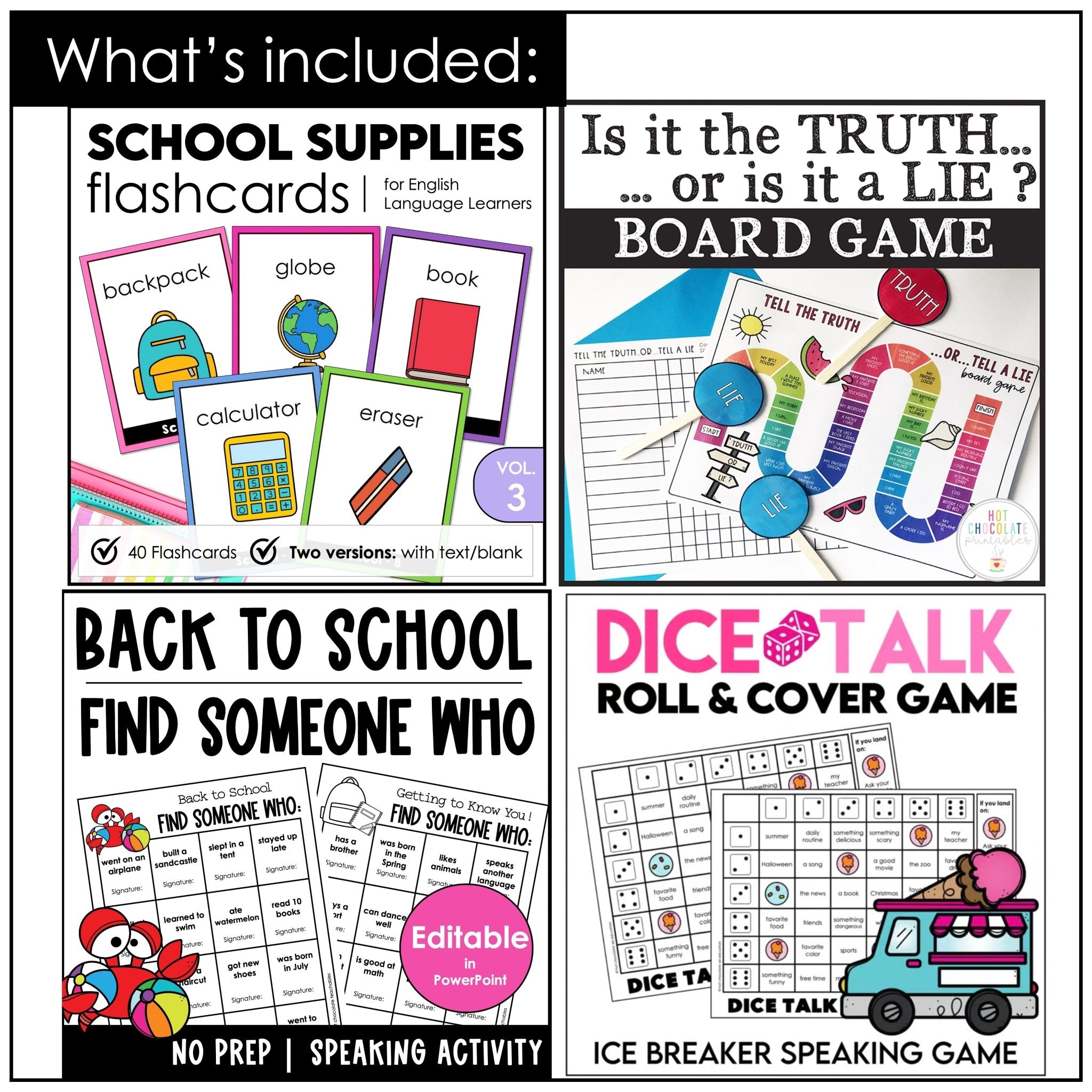 ESL Back to School BUNDLE: First week of School Grammar & Vocabulary Activities - Hot Chocolate Teachables