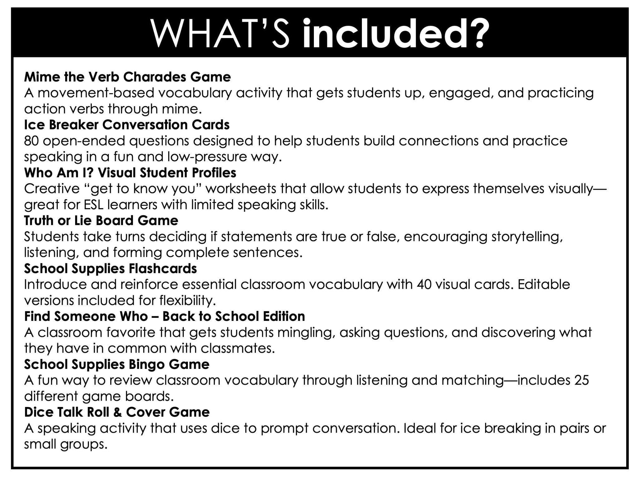 ESL Back to School BUNDLE: First week of School Grammar & Vocabulary Activities - Hot Chocolate Teachables