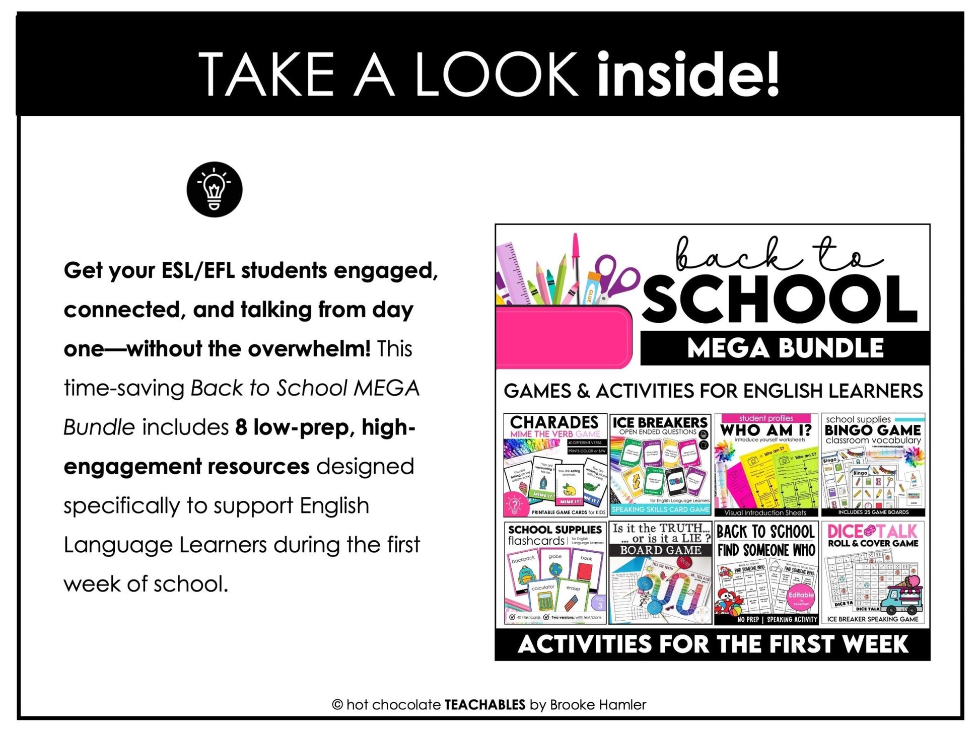 ESL Back to School BUNDLE: First week of School Grammar & Vocabulary Activities - Hot Chocolate Teachables