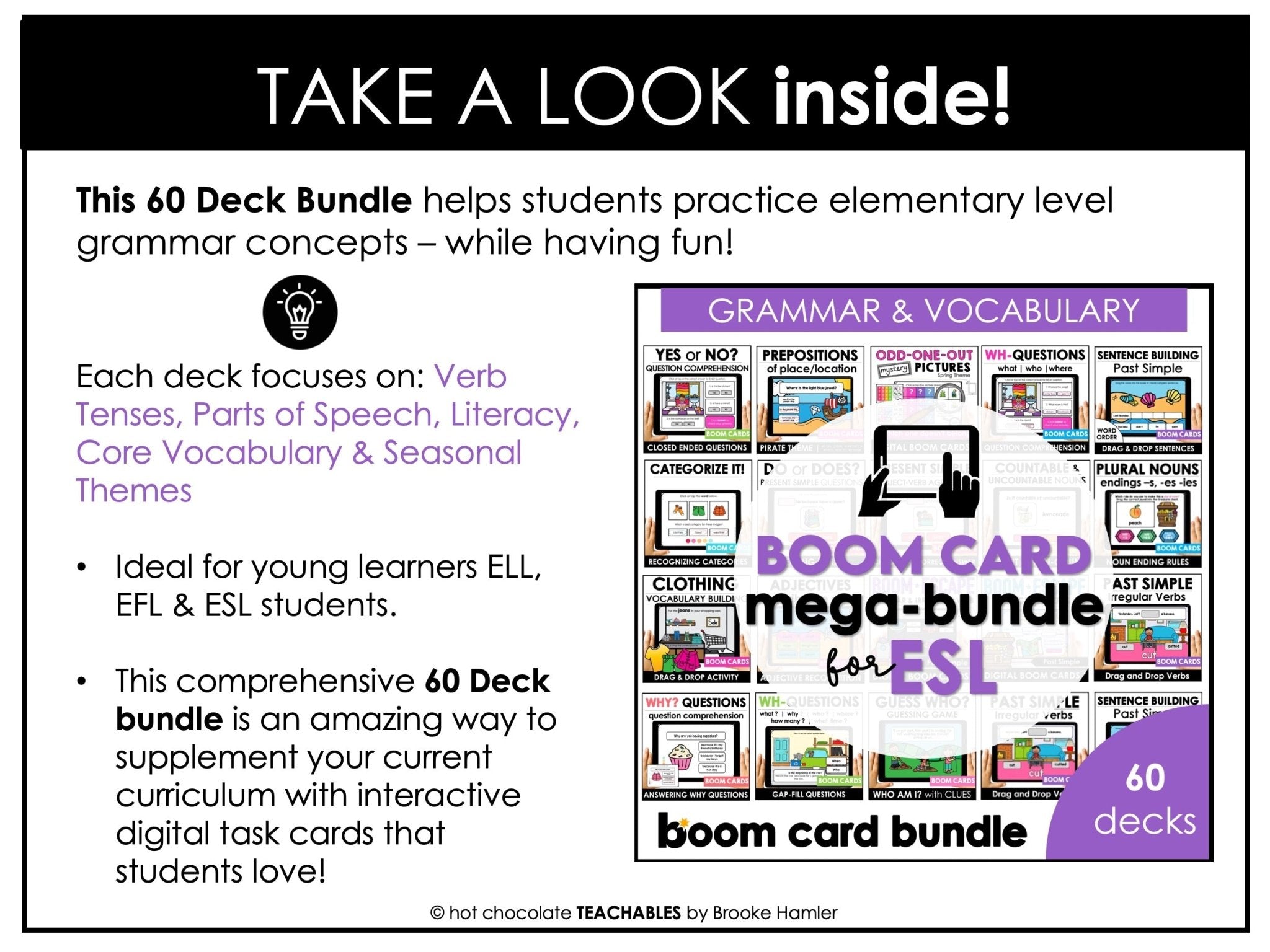 ESL Boom Card™ Mega Bundle | Verbs, Parts of Speech, Grammar & Vocabulary (60 Decks) - Hot Chocolate Teachables