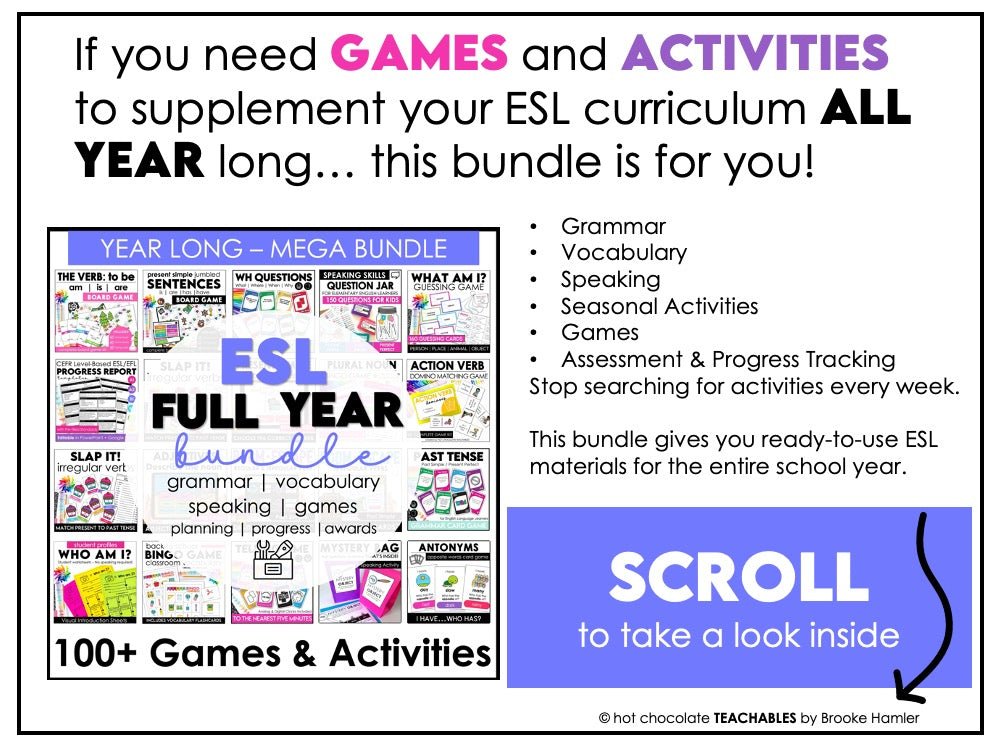 ESL EVERYTHING BUNDLE | 100 Engaging Games & Activities for English Teachers - Hot Chocolate Teachables
