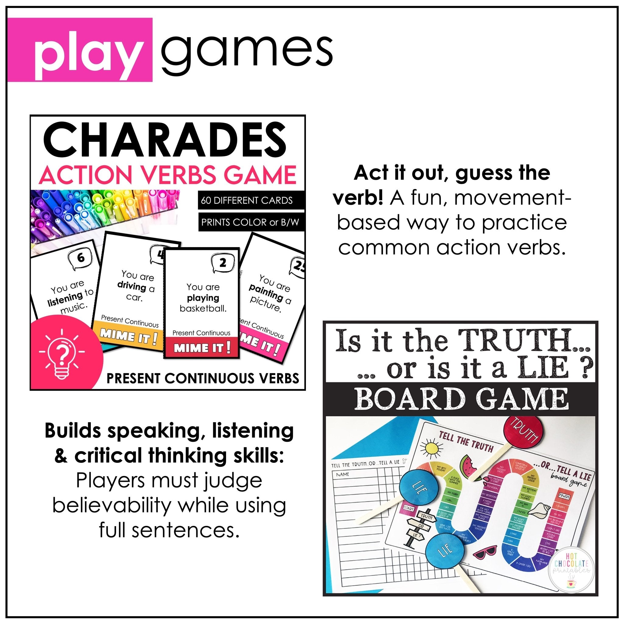 ESL Games Bundle Elementary Grammar and Vocabulary Building Activities - Hot Chocolate Teachables